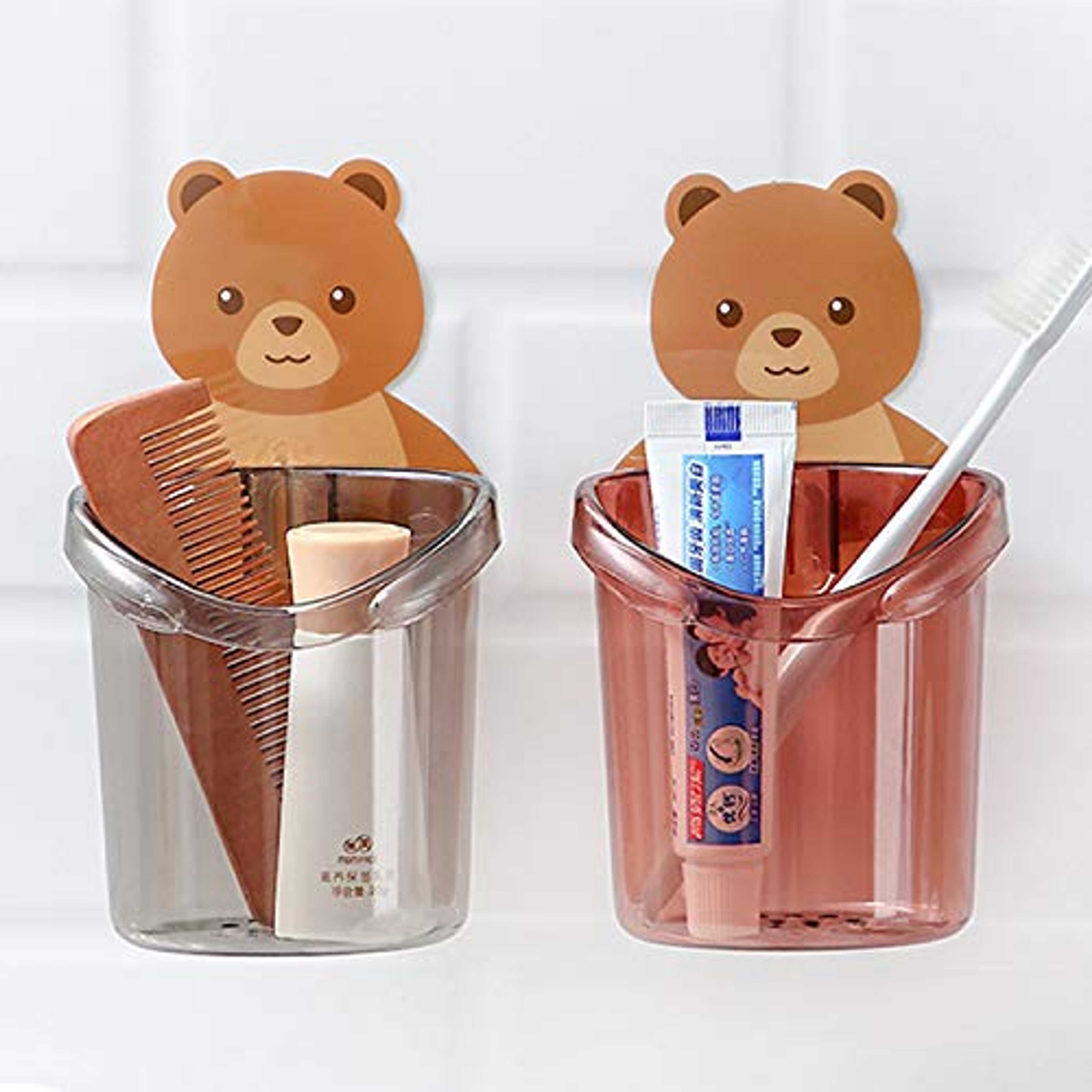 Teddy Bear Tooth Brush Holder for Bathroom Wall Mounted Self Adhesive Tooth Paste Brush Stand for Wash Basin Plastic