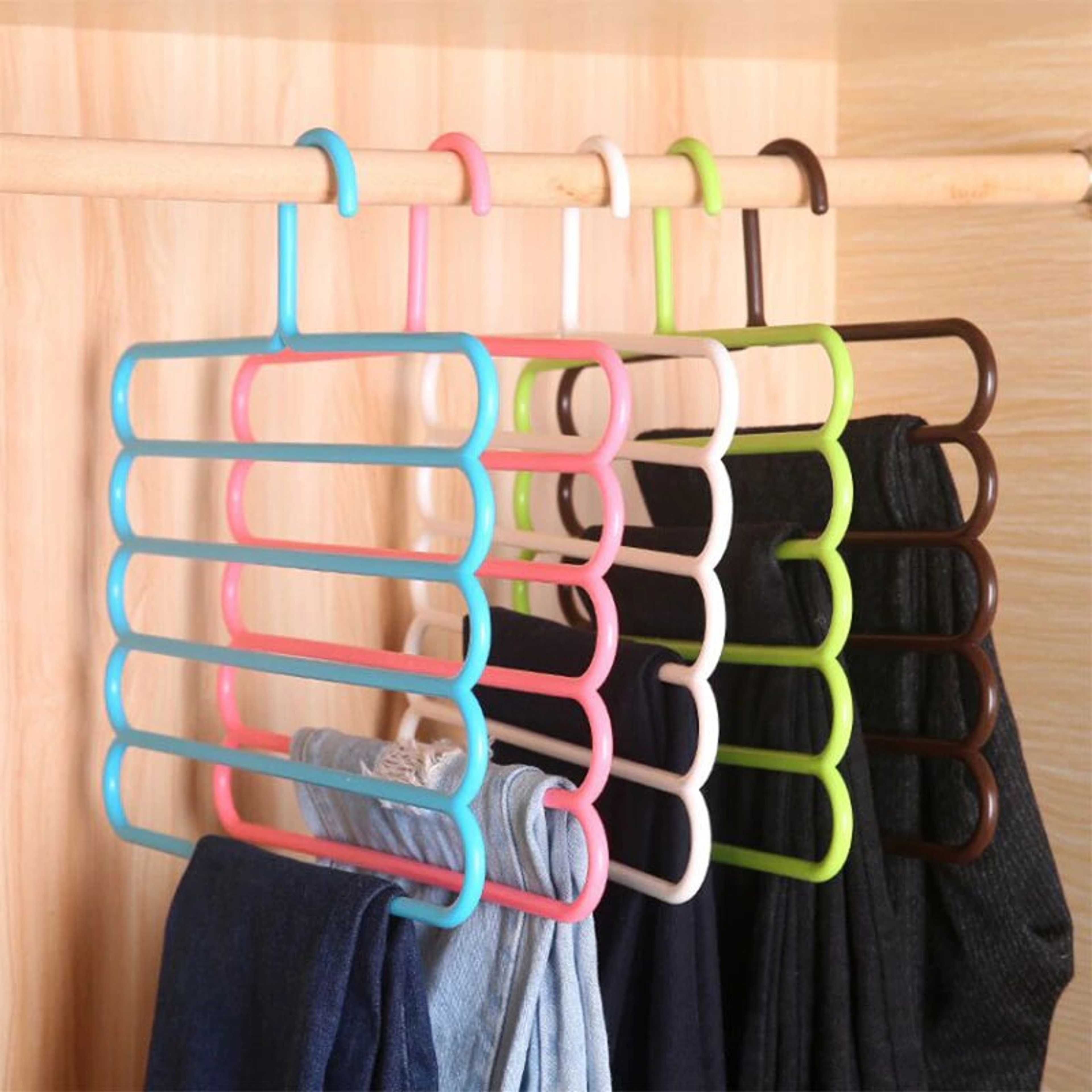 5 Layer Hanger - Anti-Slip Multi-Purpose and Multi-Functional Magic Multiple Layer Trousers Hanger - Multifunction Pants Closet Belt Holder Rack S-Type 5 Layers Saving Space Hangers