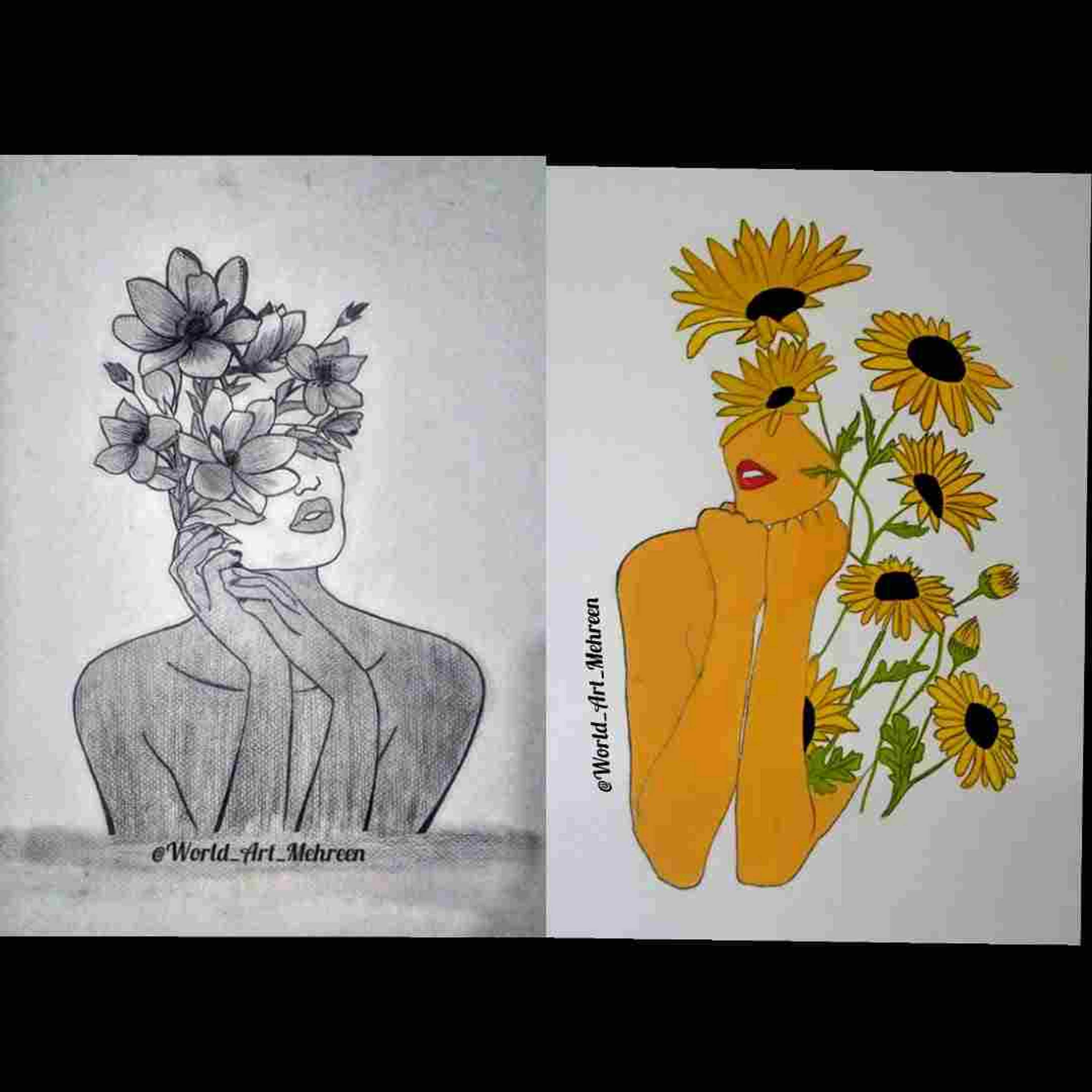 drawing of girl with flowers.
