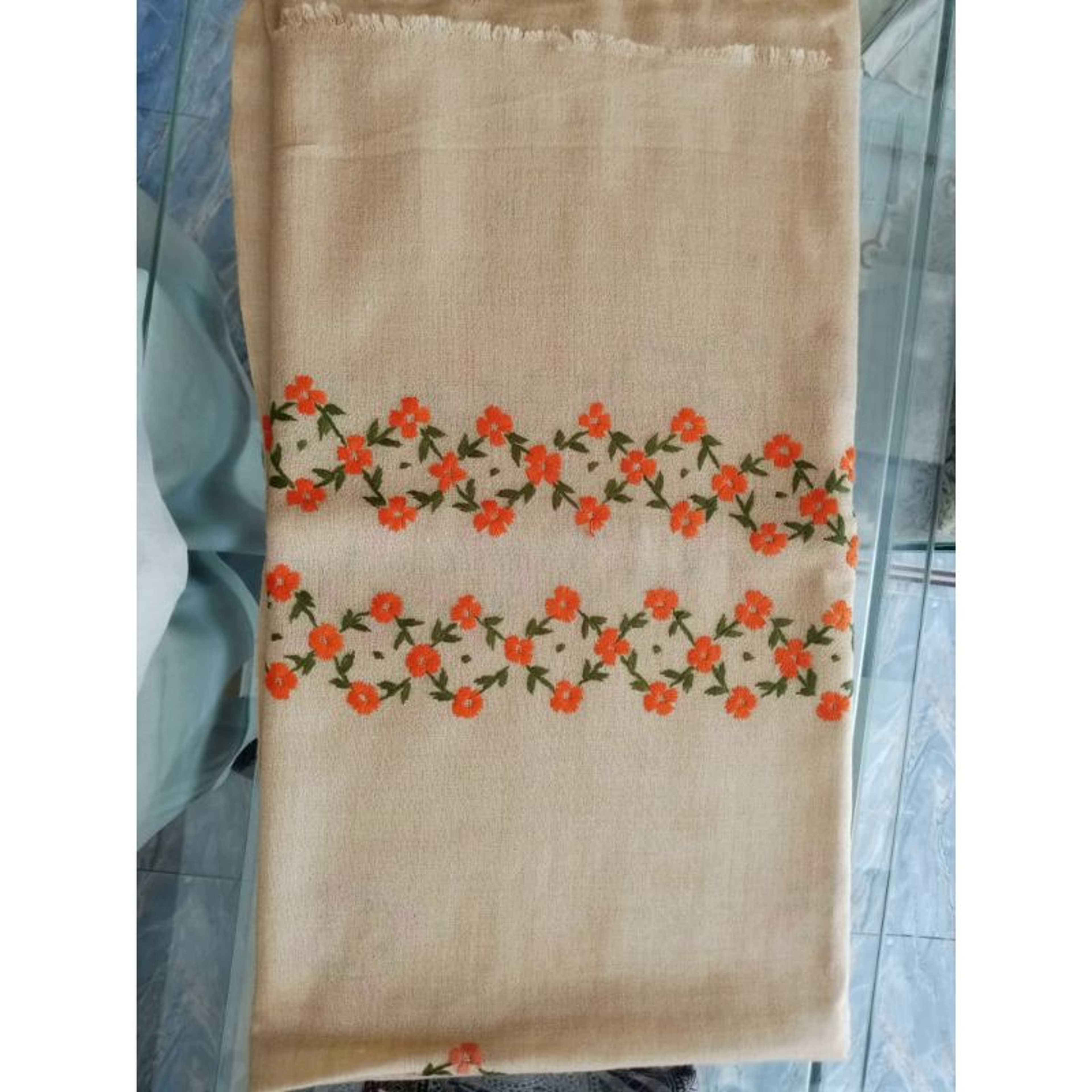 Orange Color Flower Hand Embroidered Pure Swat Wool Shawl