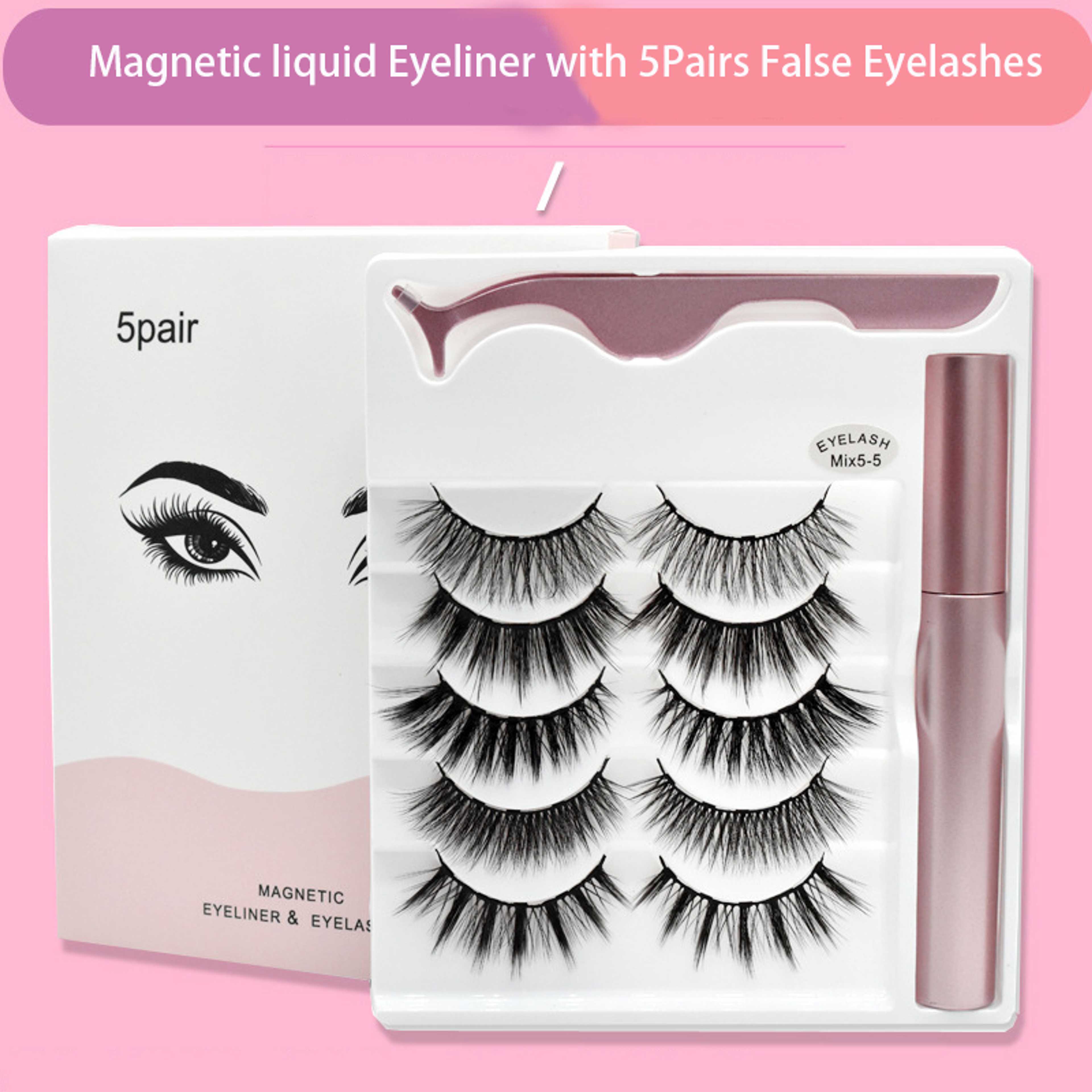 Magnetic Eyeliner False Eyelashes Set Natural Reusable Portable Waterproof Magnetic Eyelashes Thick Length Lashes Lasting Portable Cosmetic Kit ( Set of 5 ) - Product Main Image