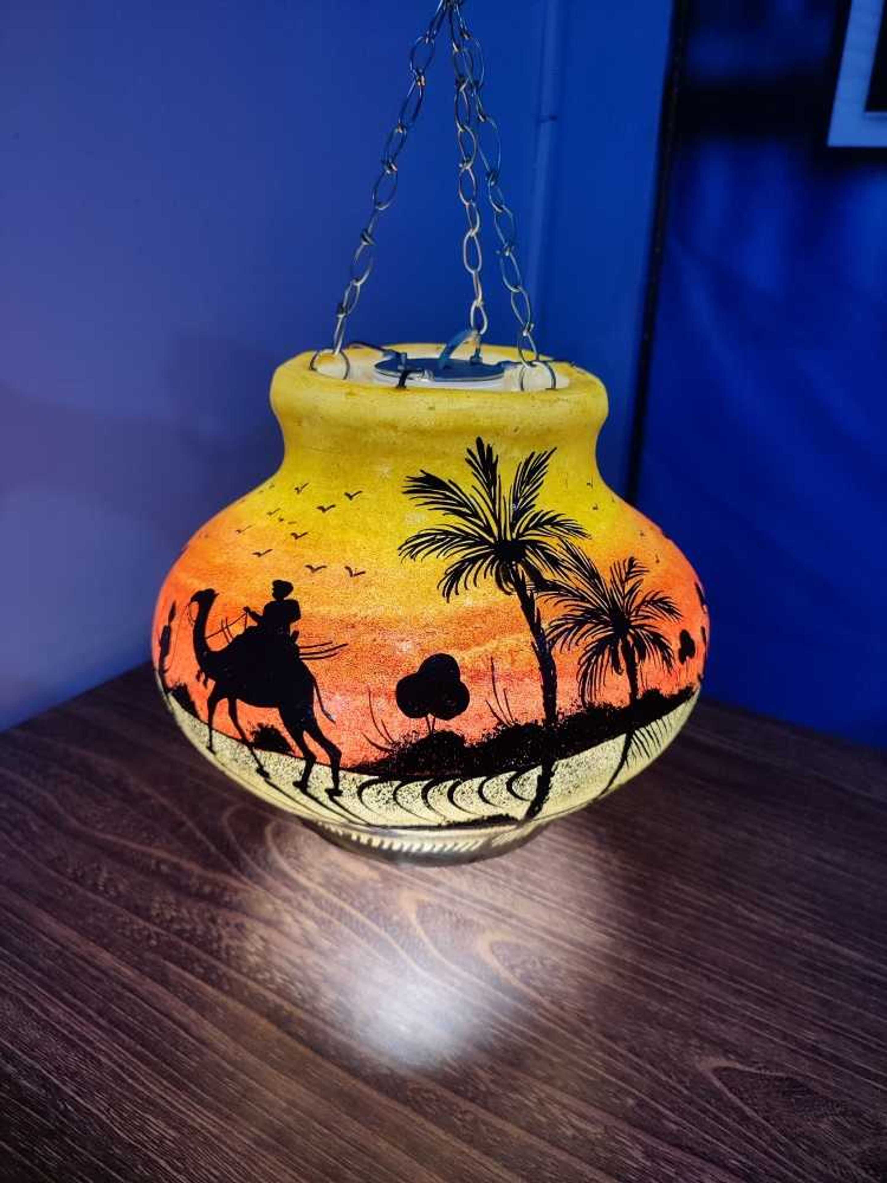 Hand Painted Ceiling Lamp, Camel Skin Hanging Lamp 