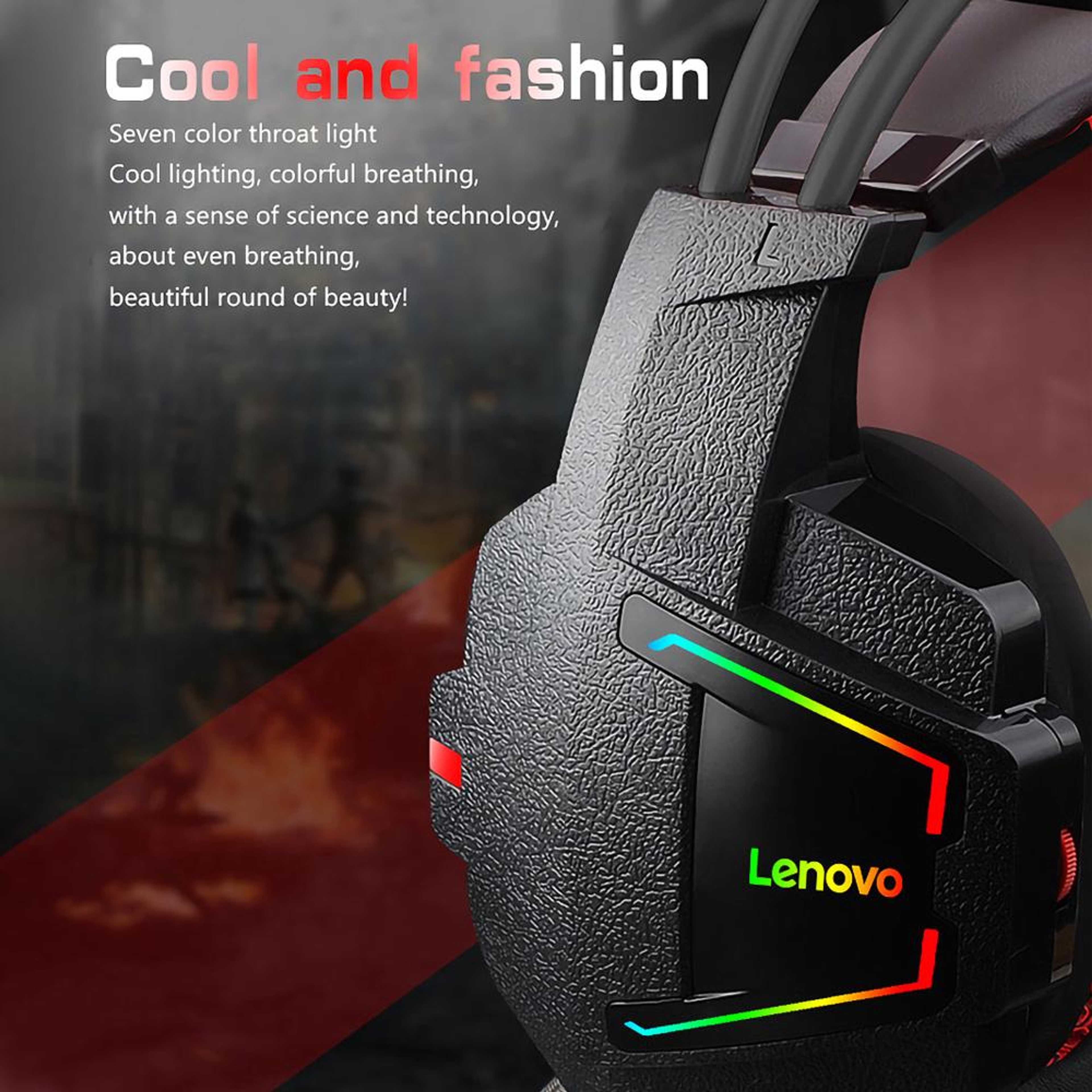 Original Lenovo HU85 Gaming Headset USB Port - Adjustment With Hose Long Mic - Lenovo HU85 RGB Gaming Headphones with Microphone - Wire Connects Through USB Port -Soft Earpads & Stereo Bass Surround Sound - RGB Led Light - Lightweight Noise Canceling