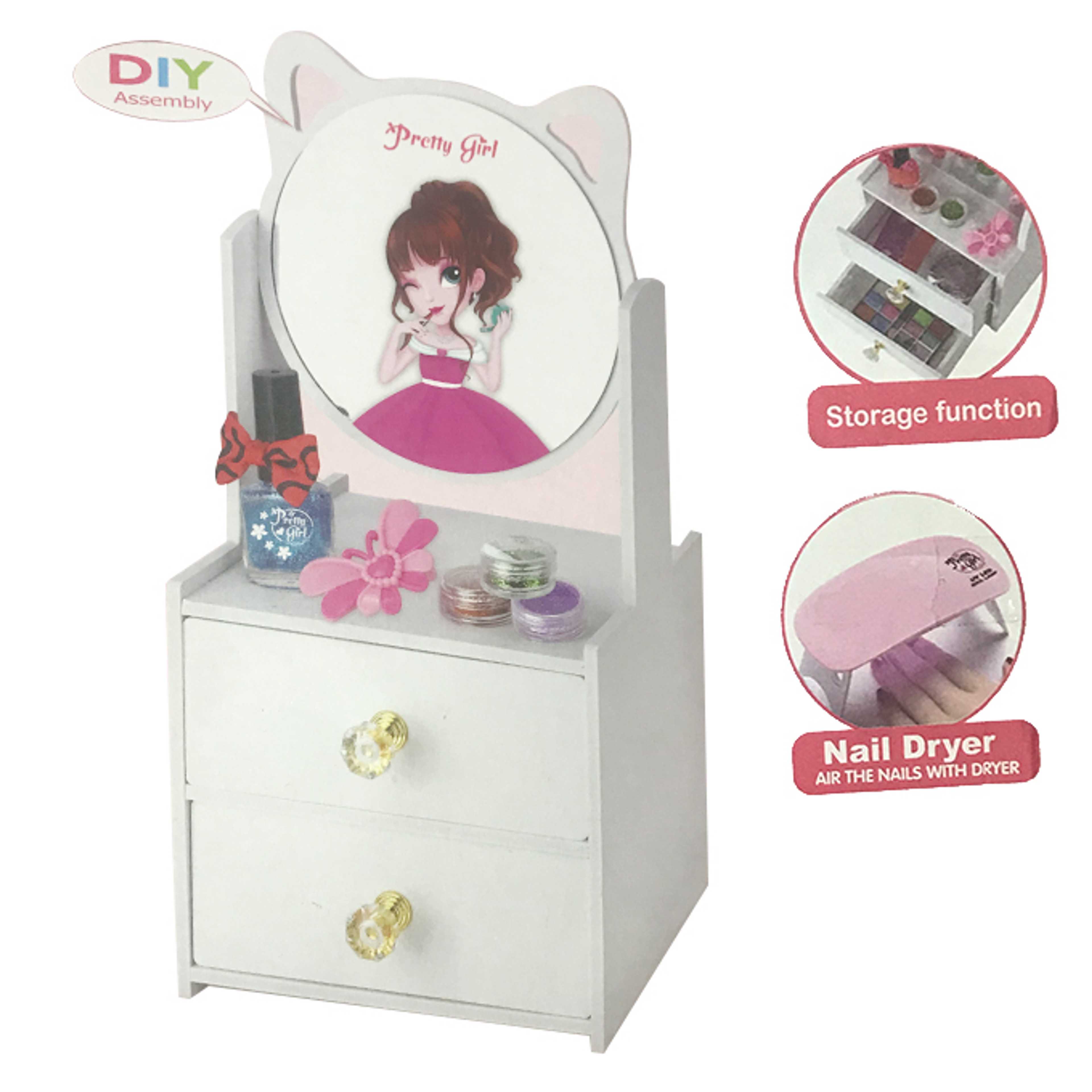 Kids Wooden DIY Dressing Table Toy with Make Up Kit and Nail Dryer - 21Pcs