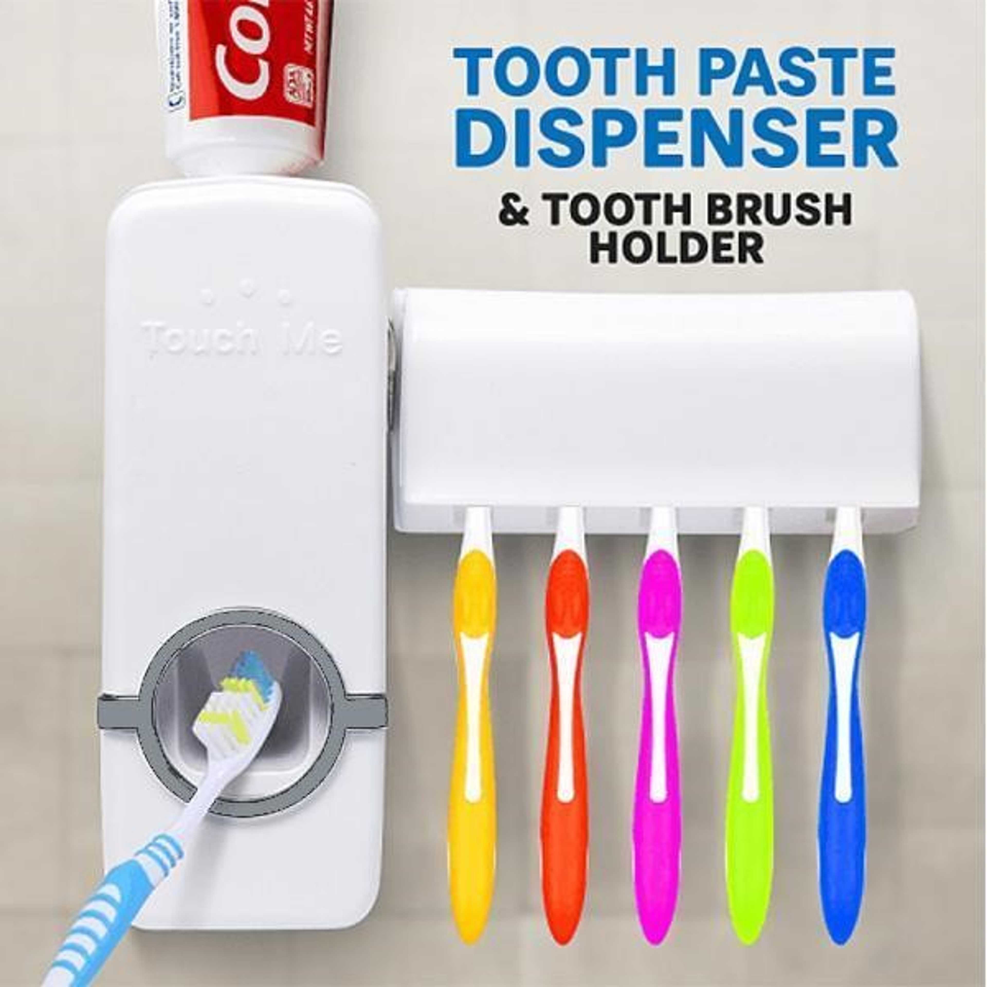 Best Quality Set of Toothpaste Dispenser & Brush Holder - White [High Quality] Toothpaste Dispenser and tooth brush holder Toothpaste Dispenser automatic For Homes And Bathrooms white Automatic Toothpaste Dispenser & Toothbrush Holder - Multi-Functional