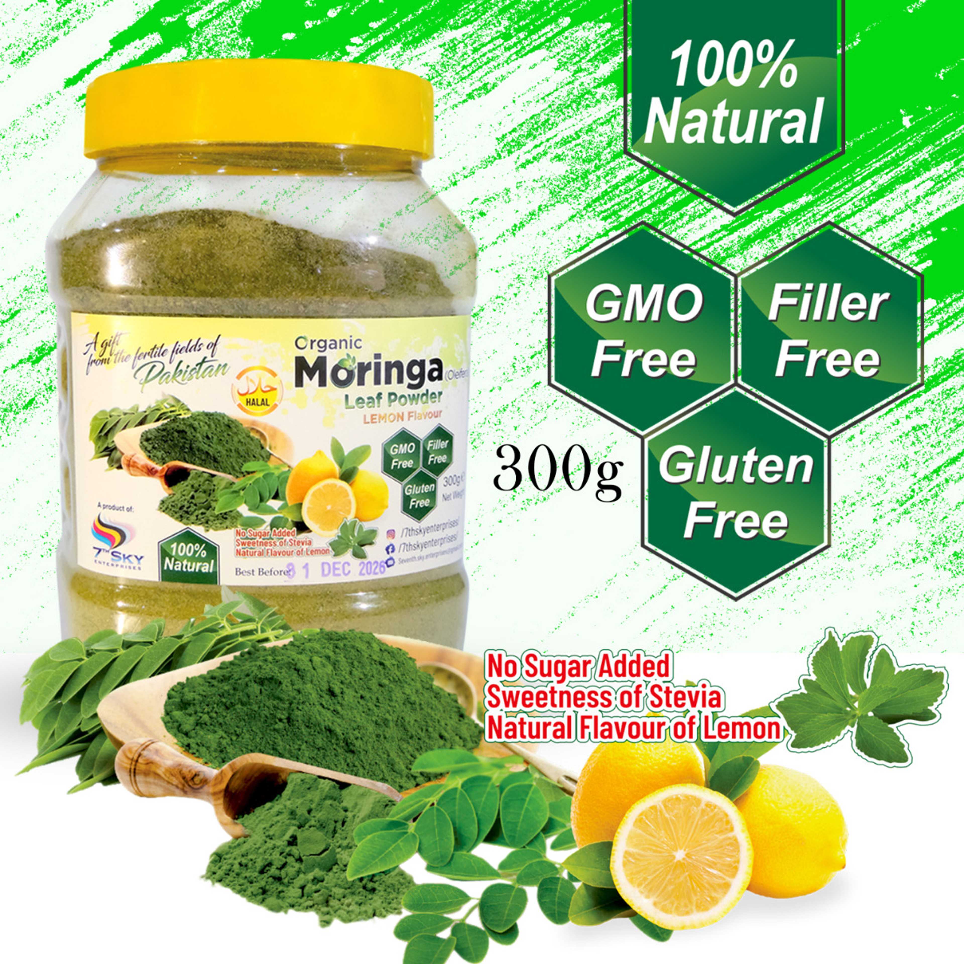Organic Moringa (Oleifera) Leaf Powder, Lemon Flavor 300g (Jar Pack)