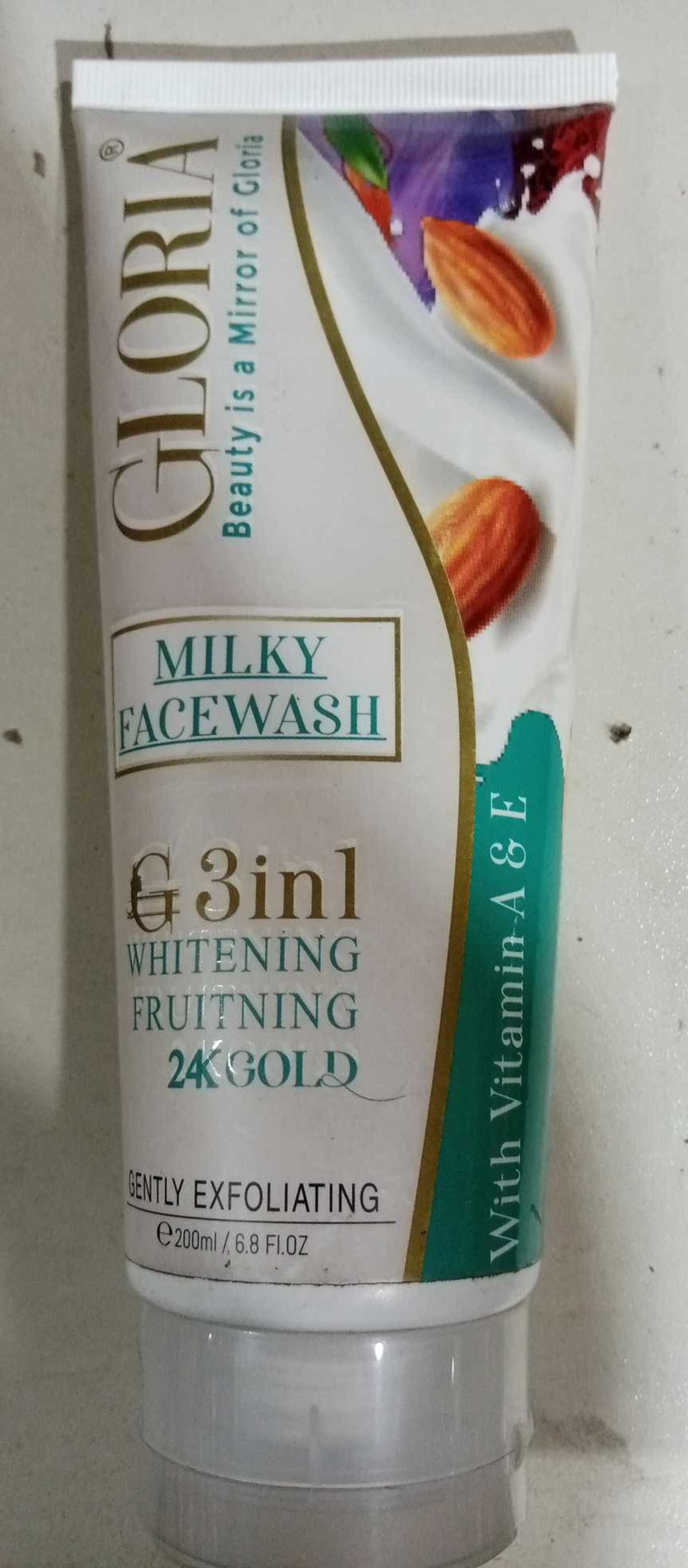 Gloria Milky Facewash, 3 in 1, Whitening, Fruiting, 24K Gold