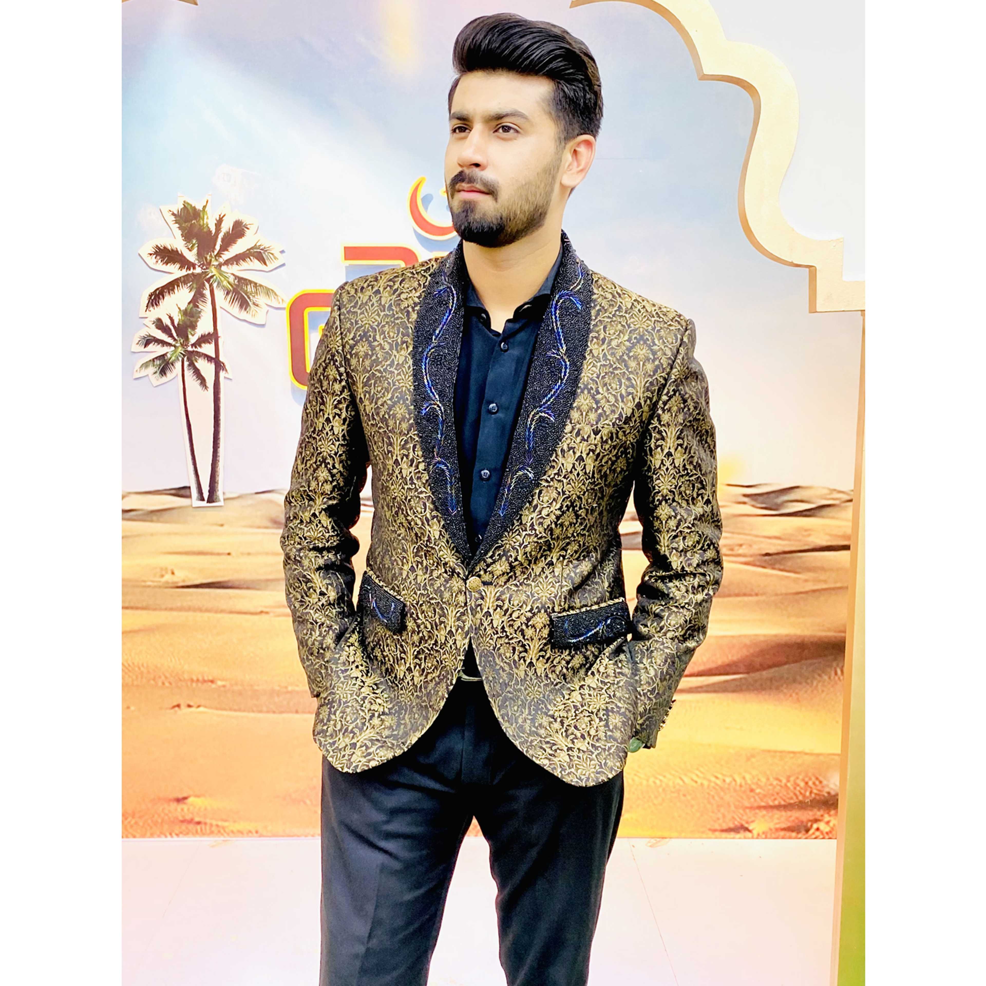 Tuxedo Style Jamawar Bespoke Suit for Men - Product Main Image