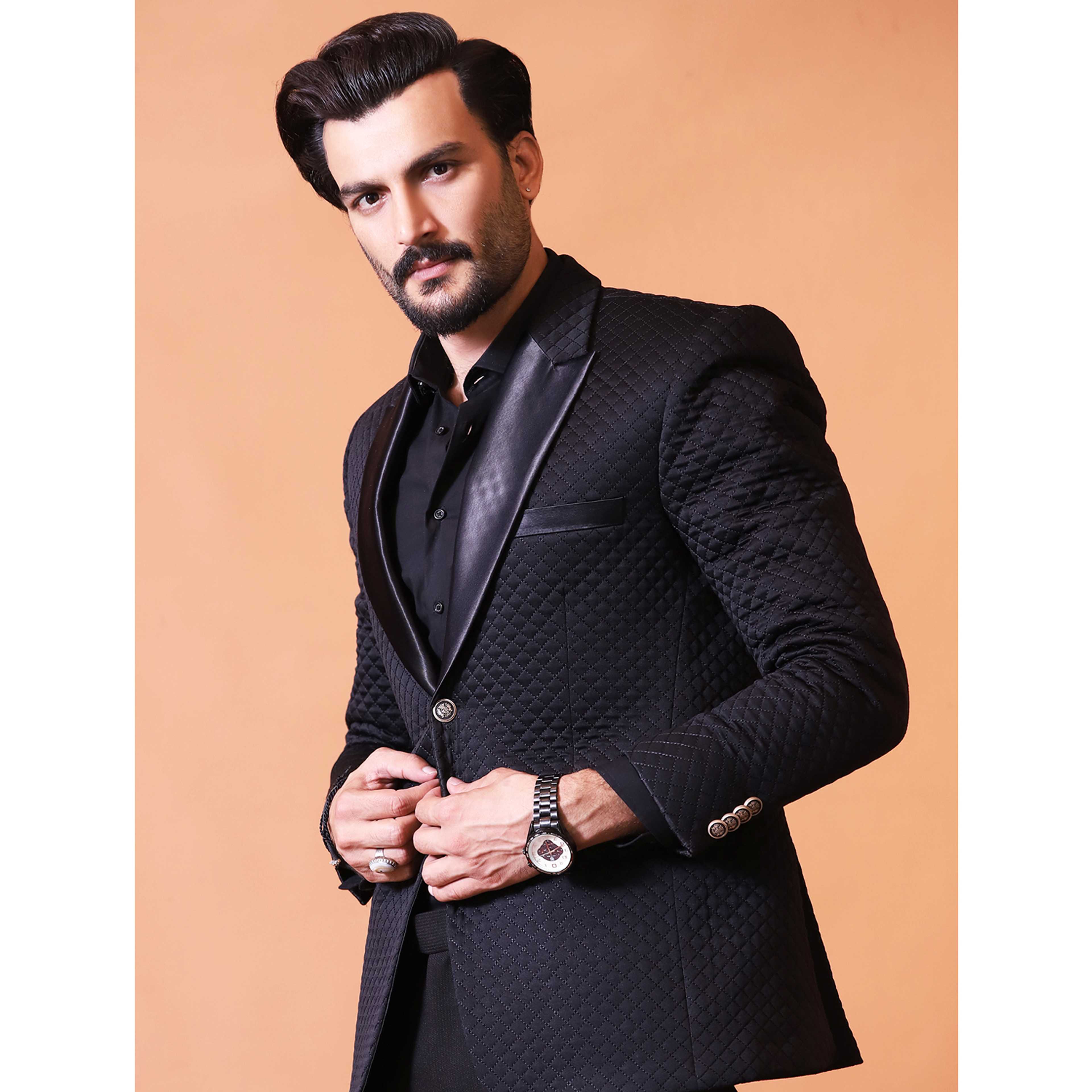Black Color 3D Embossed Bespoke Suit for Men - Product Main Image