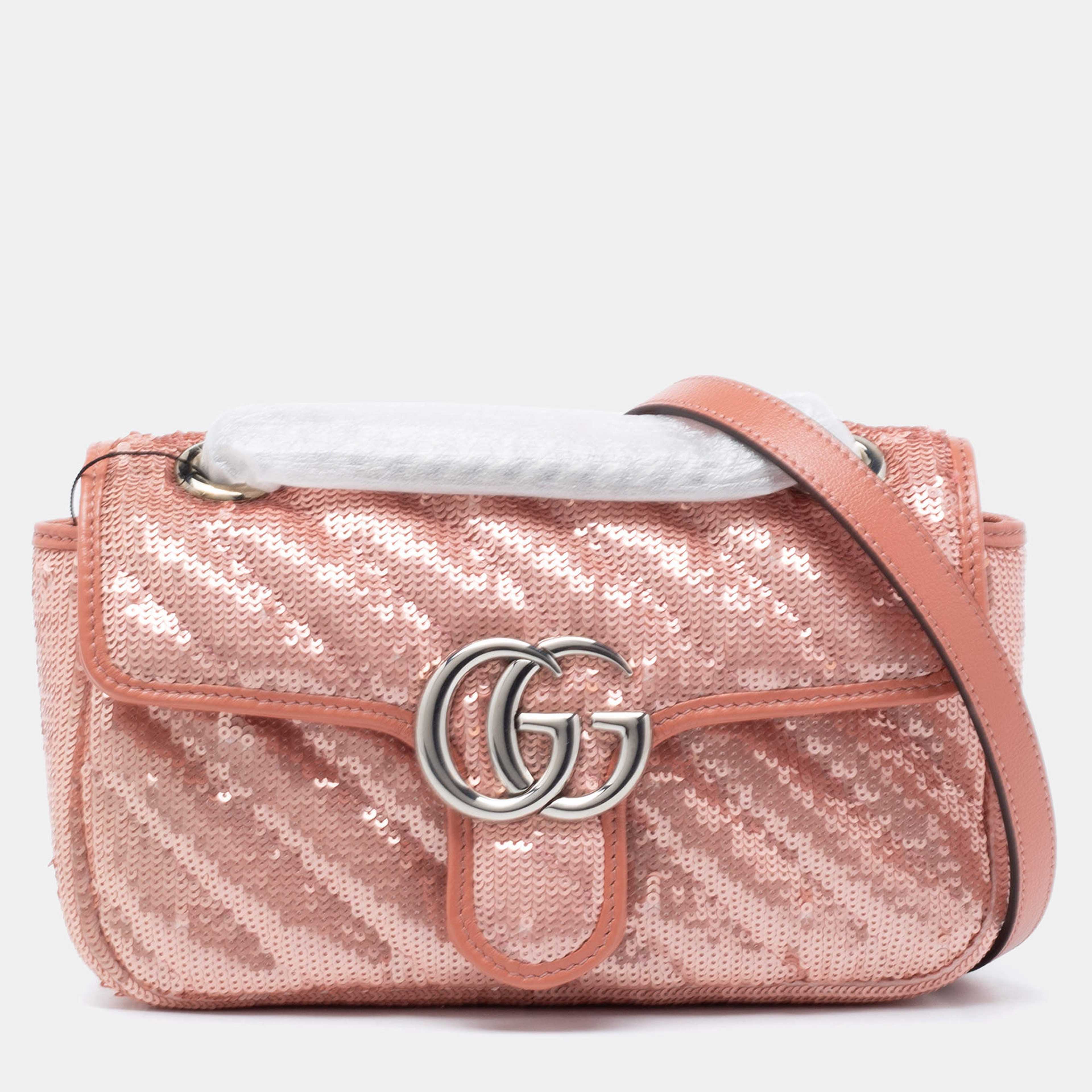 Gucci Pink Diagonal Sequins And Leather Mini GG Marmont Shoulder Bag (Replica) - Product Main Image