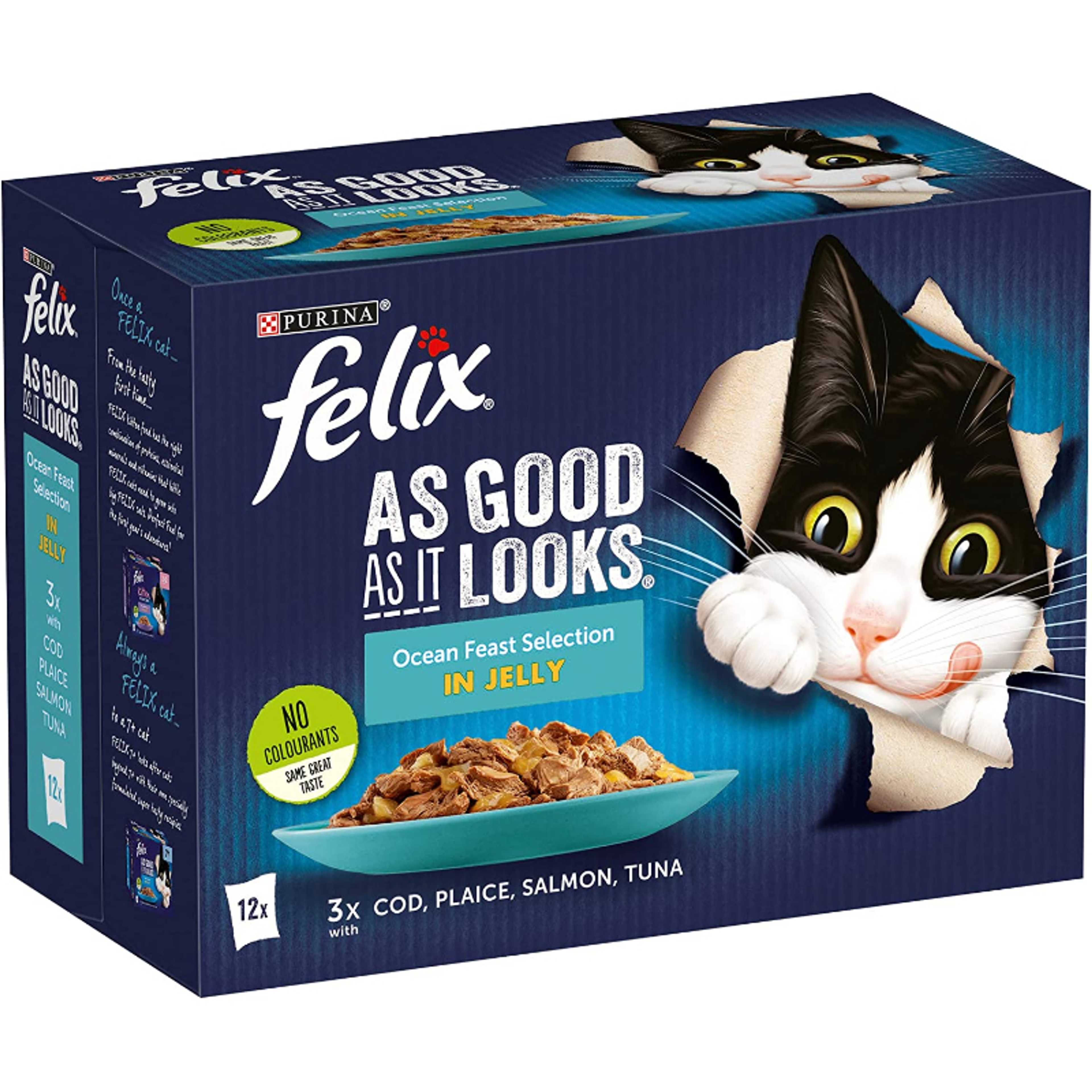 Felix Cat Food Jelly, As Good As It Looks Ocean Feast Selection With Cod, Plaice, Salmon & Tuna 100gm (12 Sachets Box)
