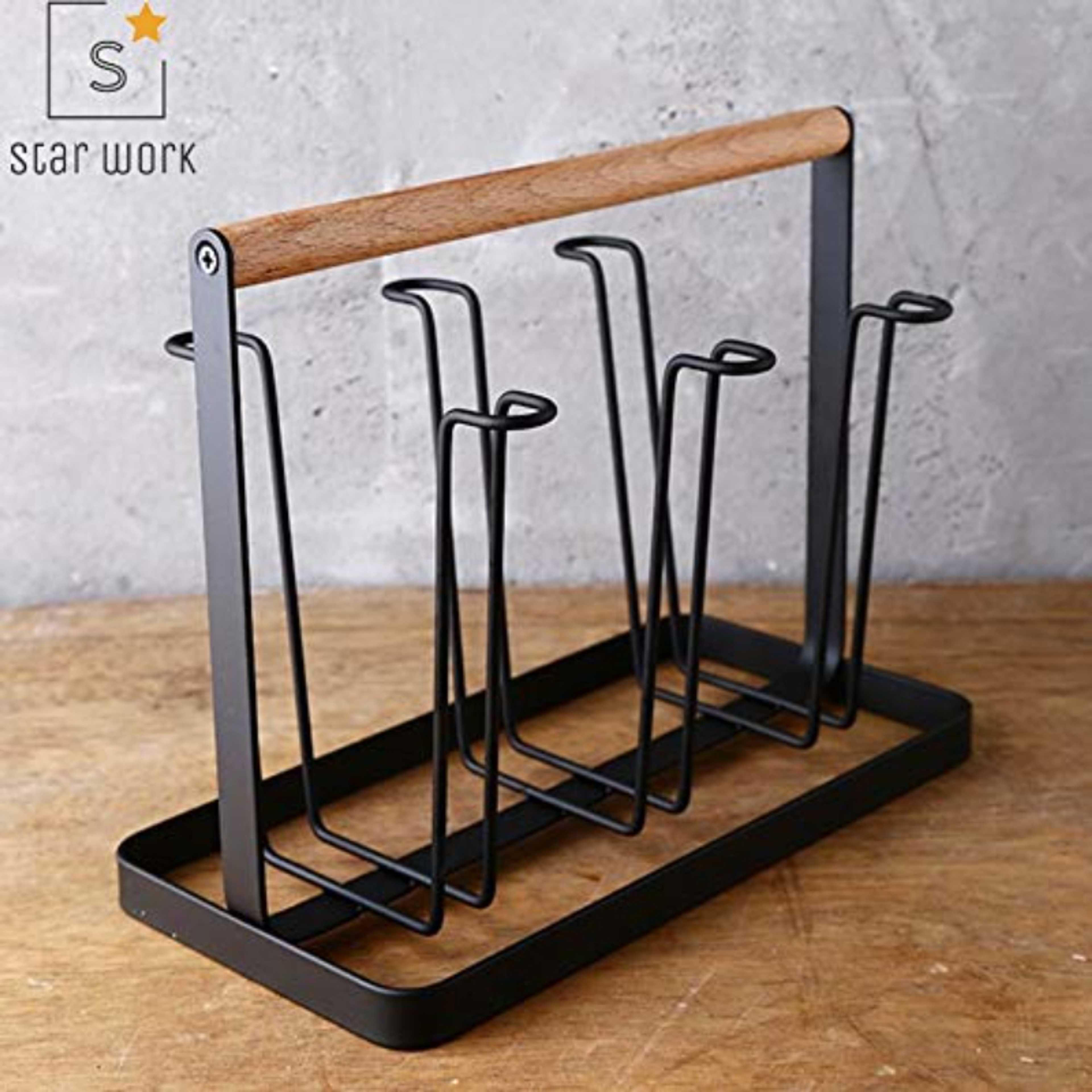 6 Glass Holder and Glass Stand for Dining | Mug Cup Organiser Shelf for Kitchen with Wooden Handle, Metal