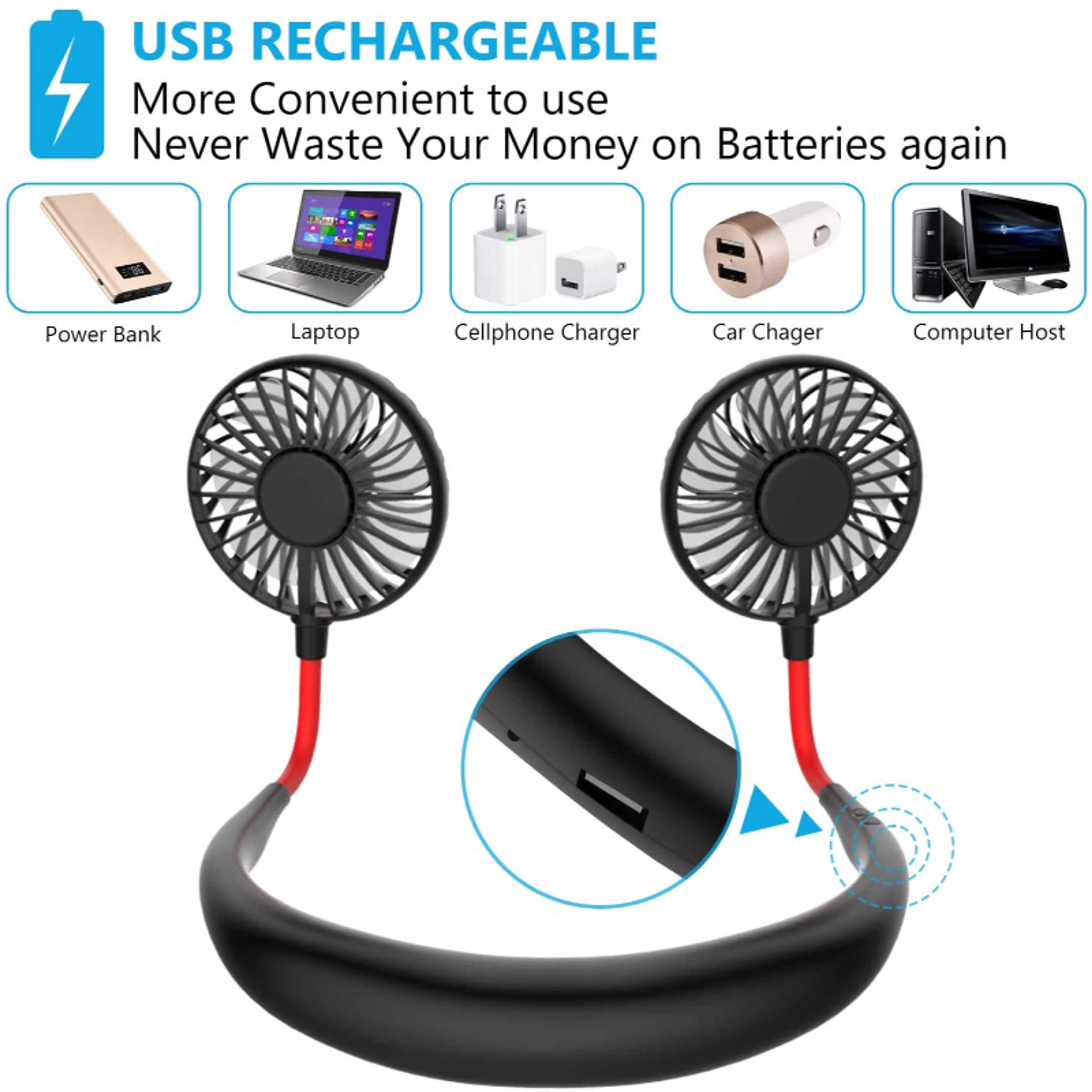 New Portable 360 degree Mini foldable Wearable neckband fan with USB Rechargeable for Traveling Outdoor Indoor, rechargeable neck fan for kitchen, indoor-outdoor travelling etc