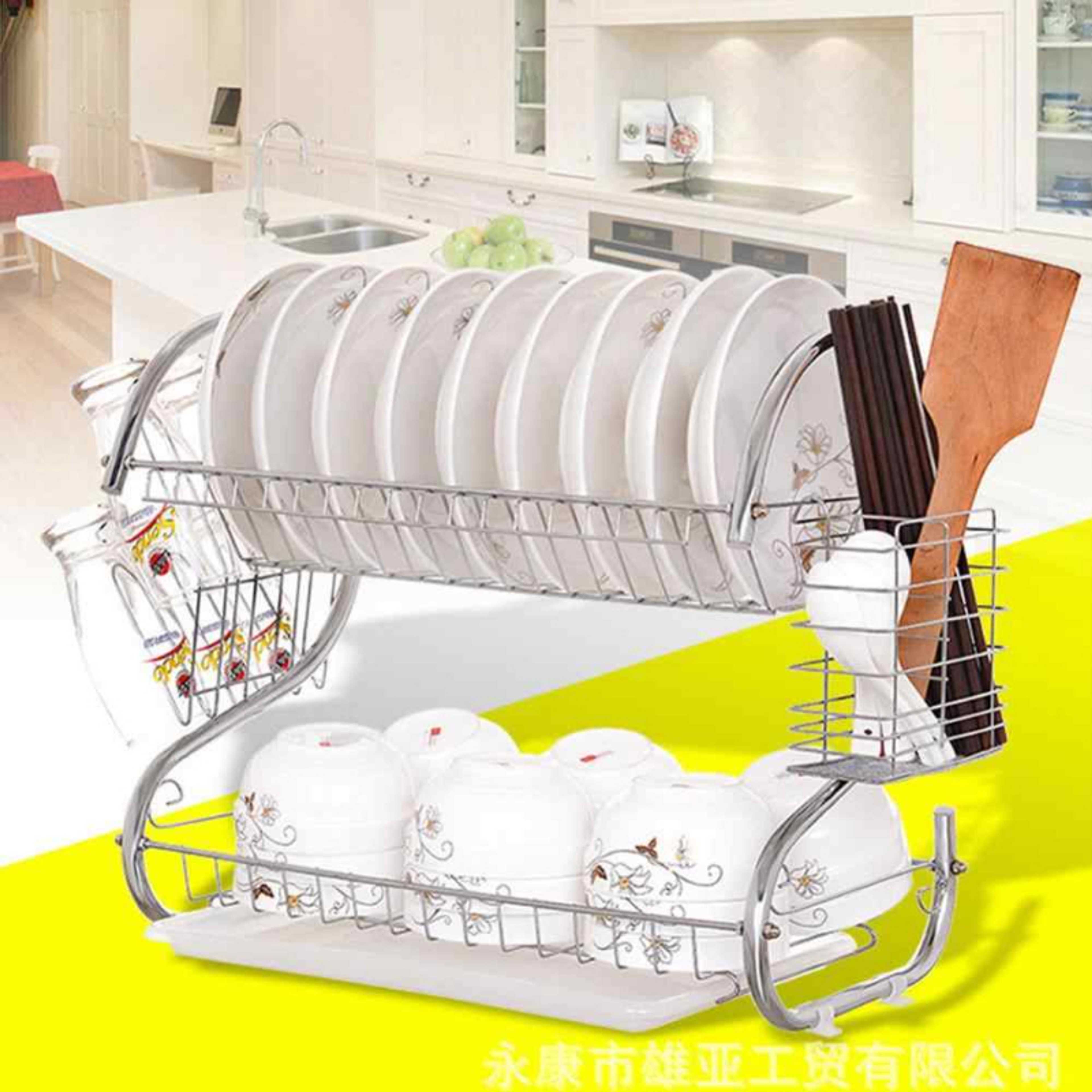 Large Capacity Stainless Steel 2-Layer Dish Drainer Drying Rack For Kitchen Storage