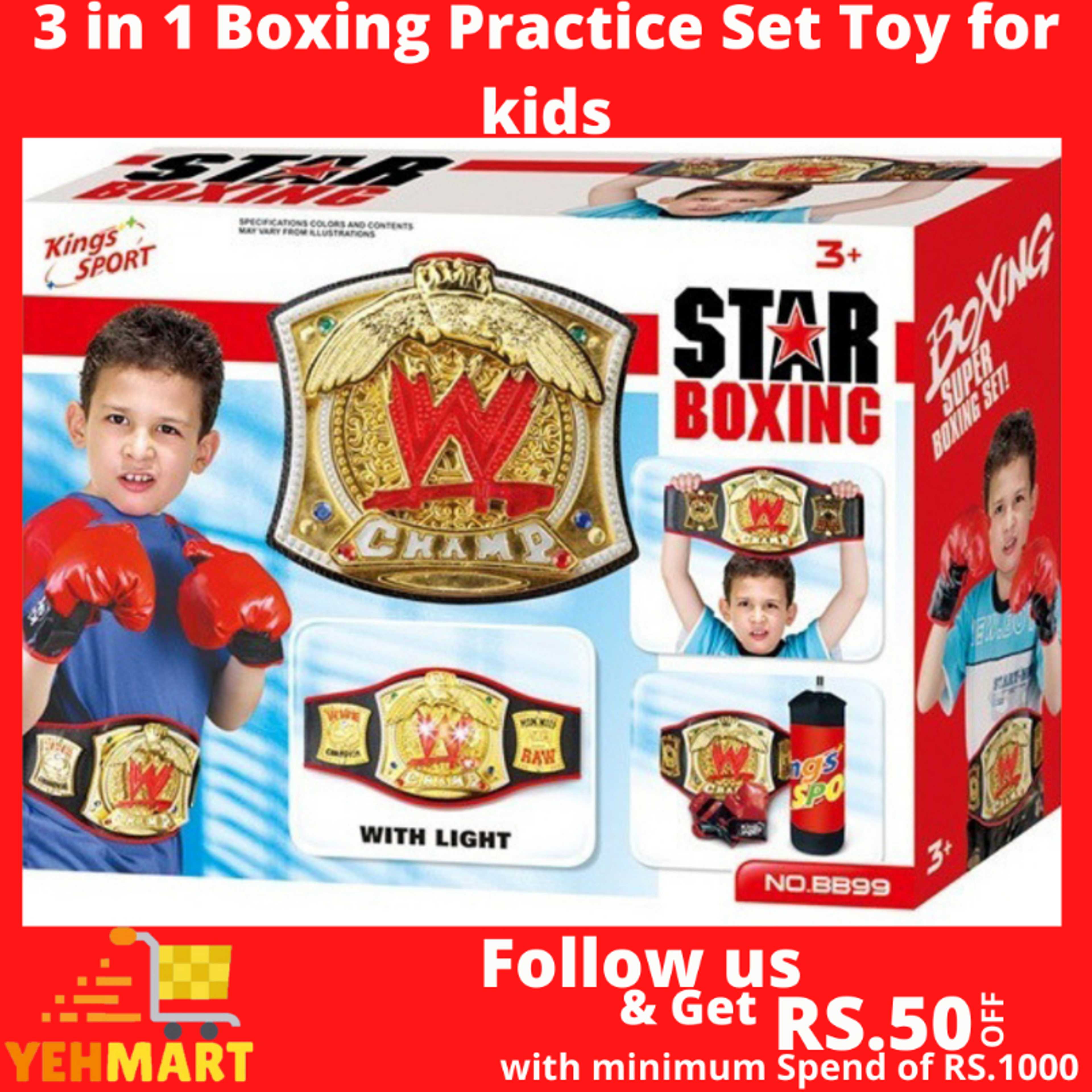 WWE Boxing Set Toy for kids 3 in 1 Boxing Practice Set with Gloves Belt and Punching Bag, high quality 3 in 1 boxing/punching set for kids