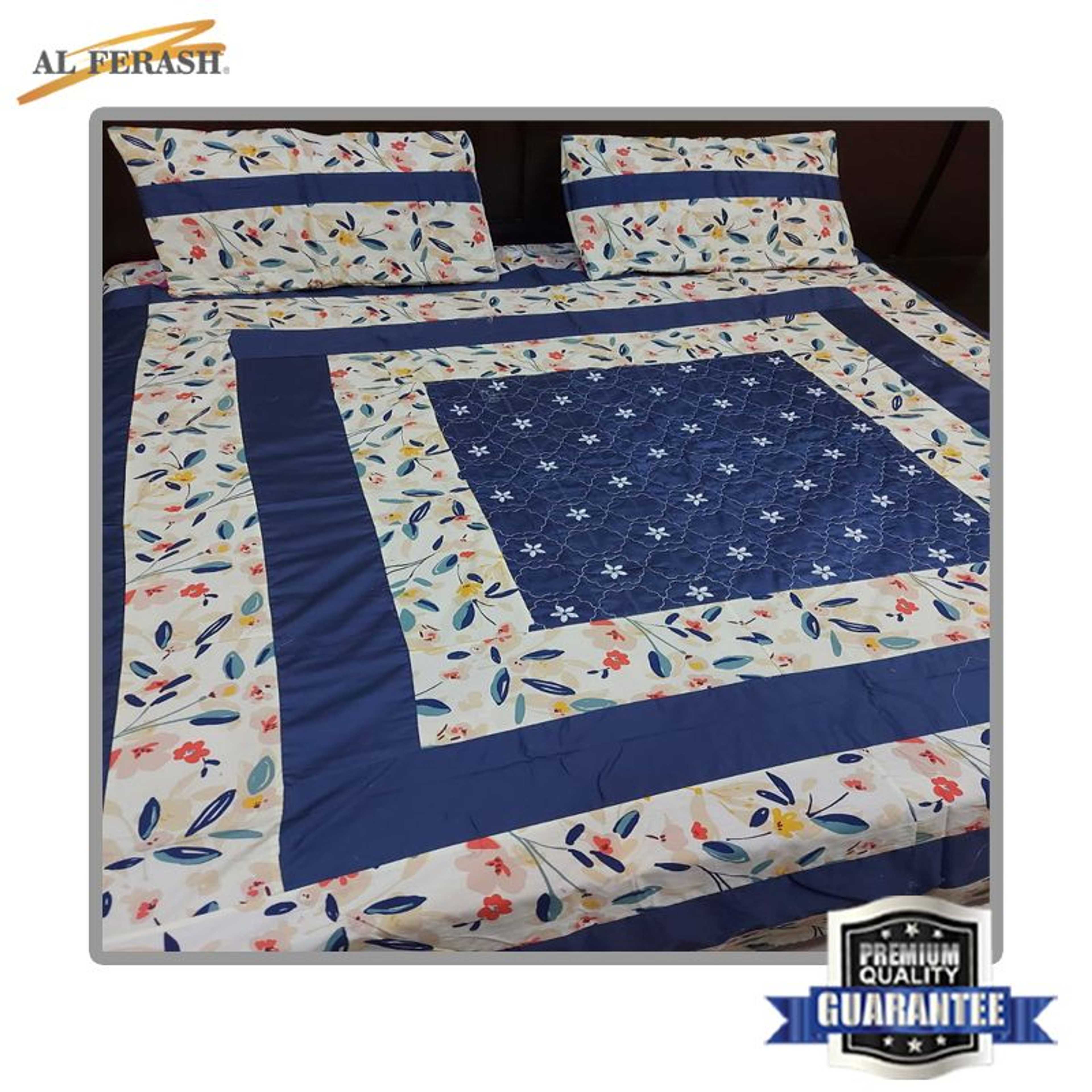3 Pcs Embroidered King Size Bed Sheet Set | Fine Cotton Patchwork Fancy Bedsheet With 2 Pillow Covers - Product Main Image