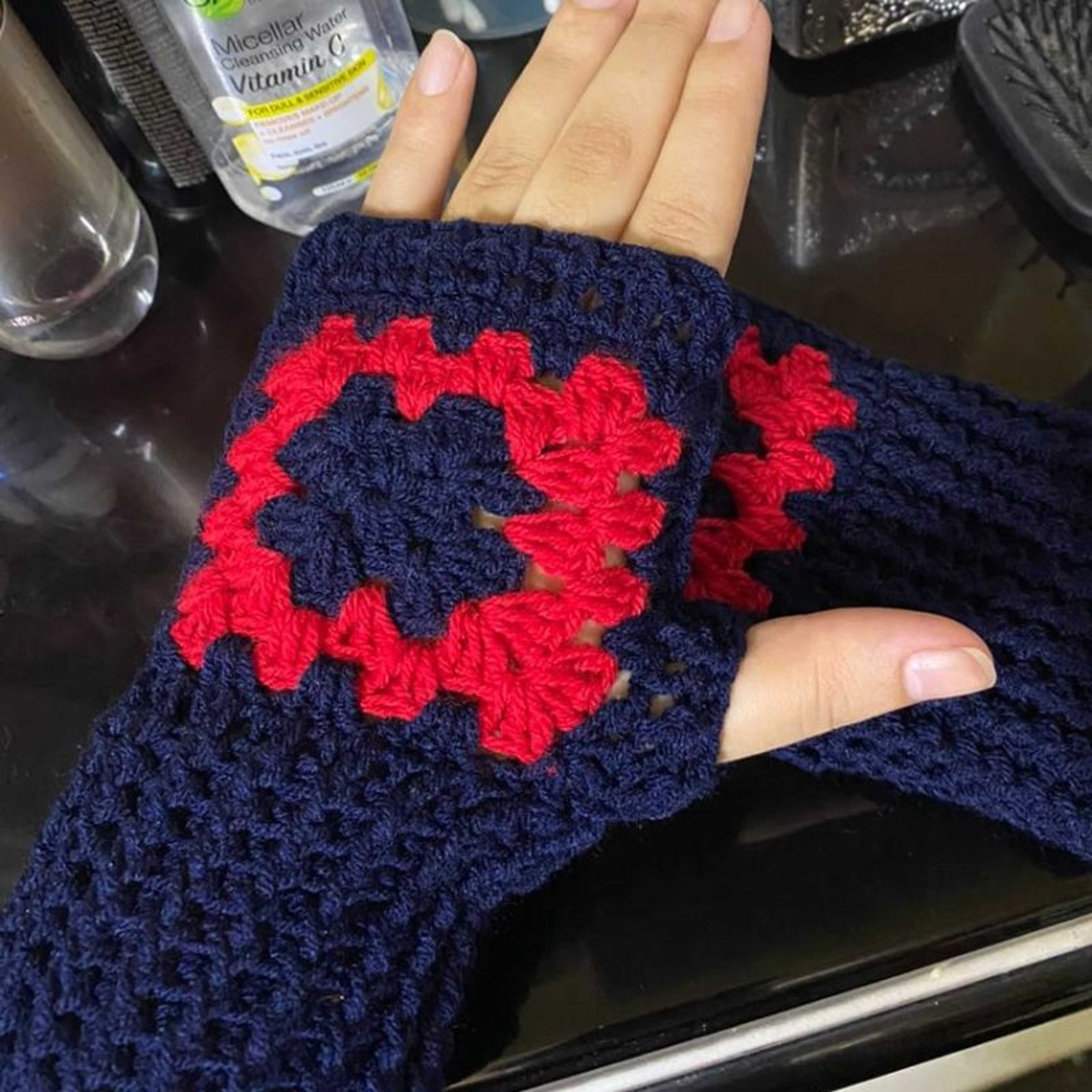 Crochet Fingerless Gloves for Winter Handmade - Navy Blue Color