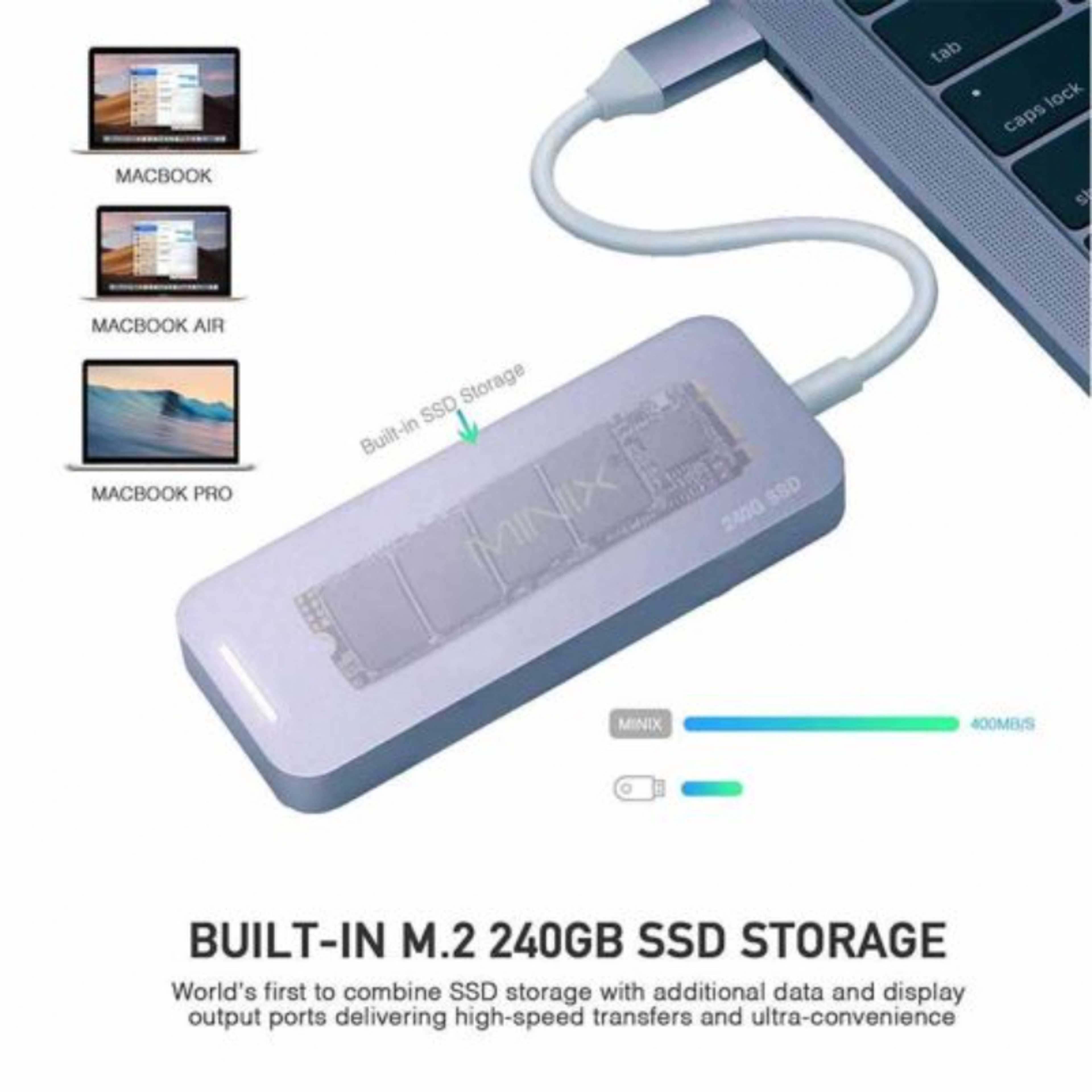 MINIX S2 Aluminium USB-C Multiport 240GB SSD Storage Adapter with HDMI [4K @ 30Hz], 2 x USB 3.0 and USB-C for Power Delivery, Compatible with Apple MacBook – Grey