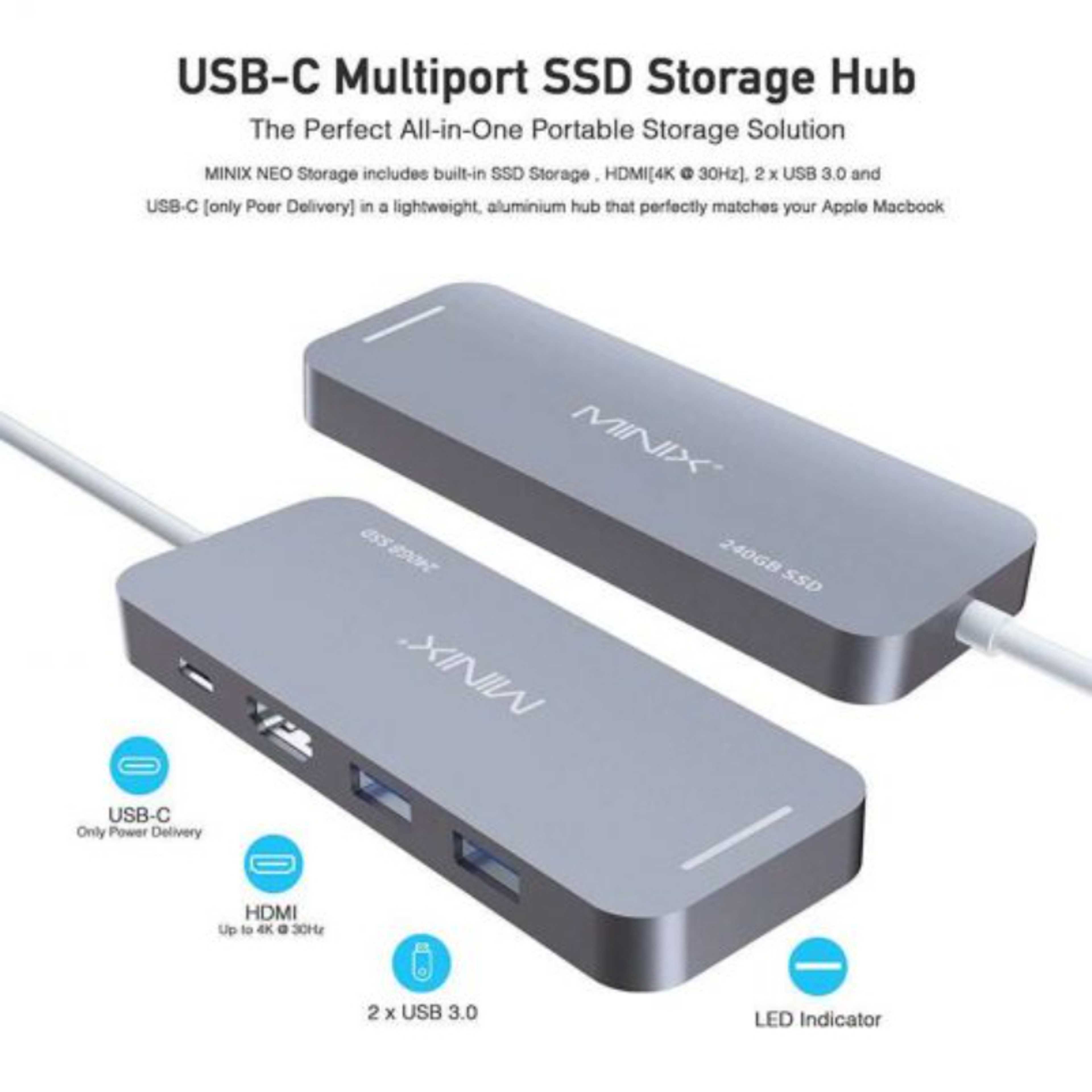 MINIX S2 Aluminium USB-C Multiport 240GB SSD Storage Adapter with HDMI [4K @ 30Hz], 2 x USB 3.0 and USB-C for Power Delivery, Compatible with Apple MacBook – Silver