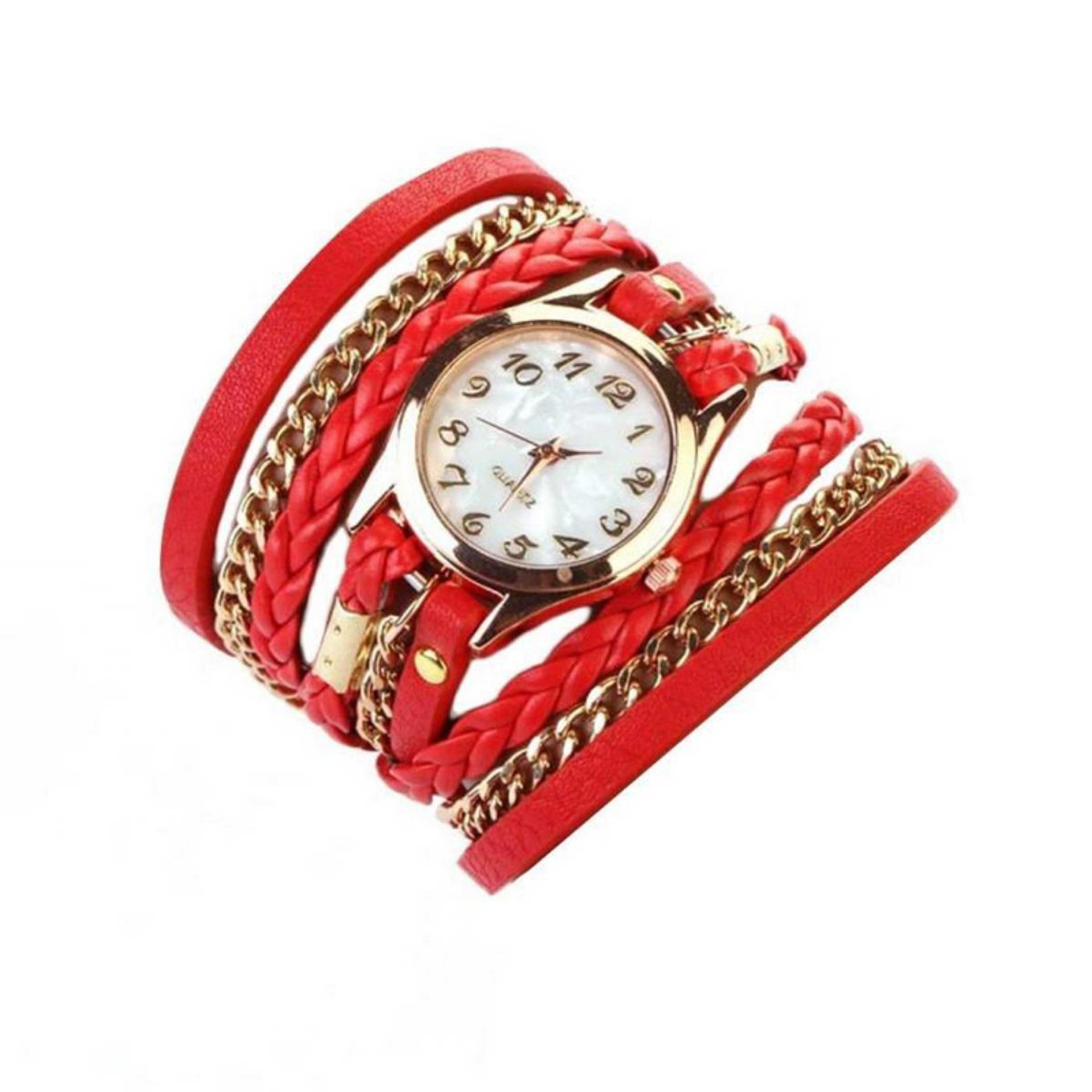 Women's Leather Strap Braided winding Rivet Bracelet Wristwatch for girls