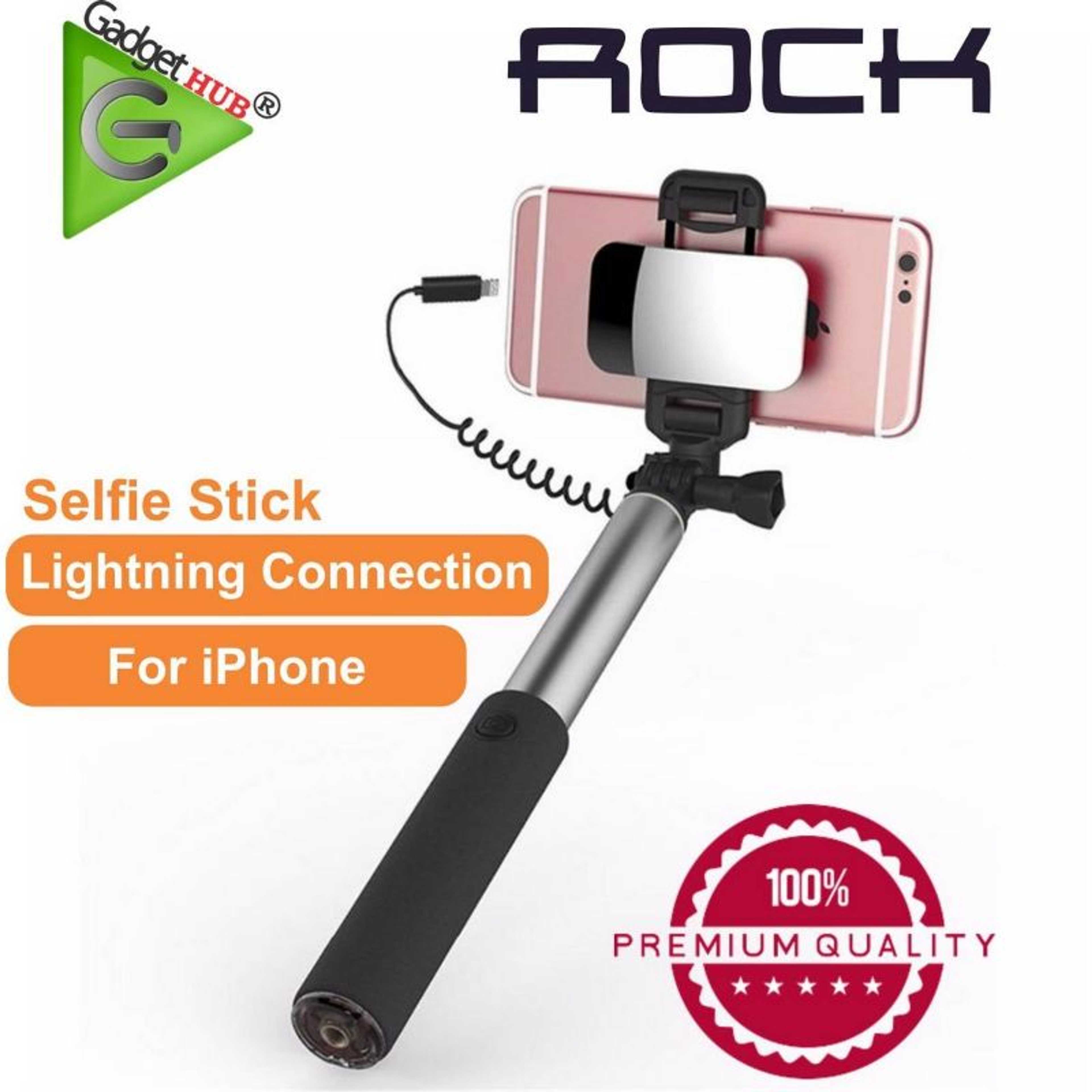 ROCK Metal Selfie Stick for Lightning, Gold Color Wired Self-timer Monopod Holder Selfie Stick for iPhone X 8 7 plus Premium Tripod stick