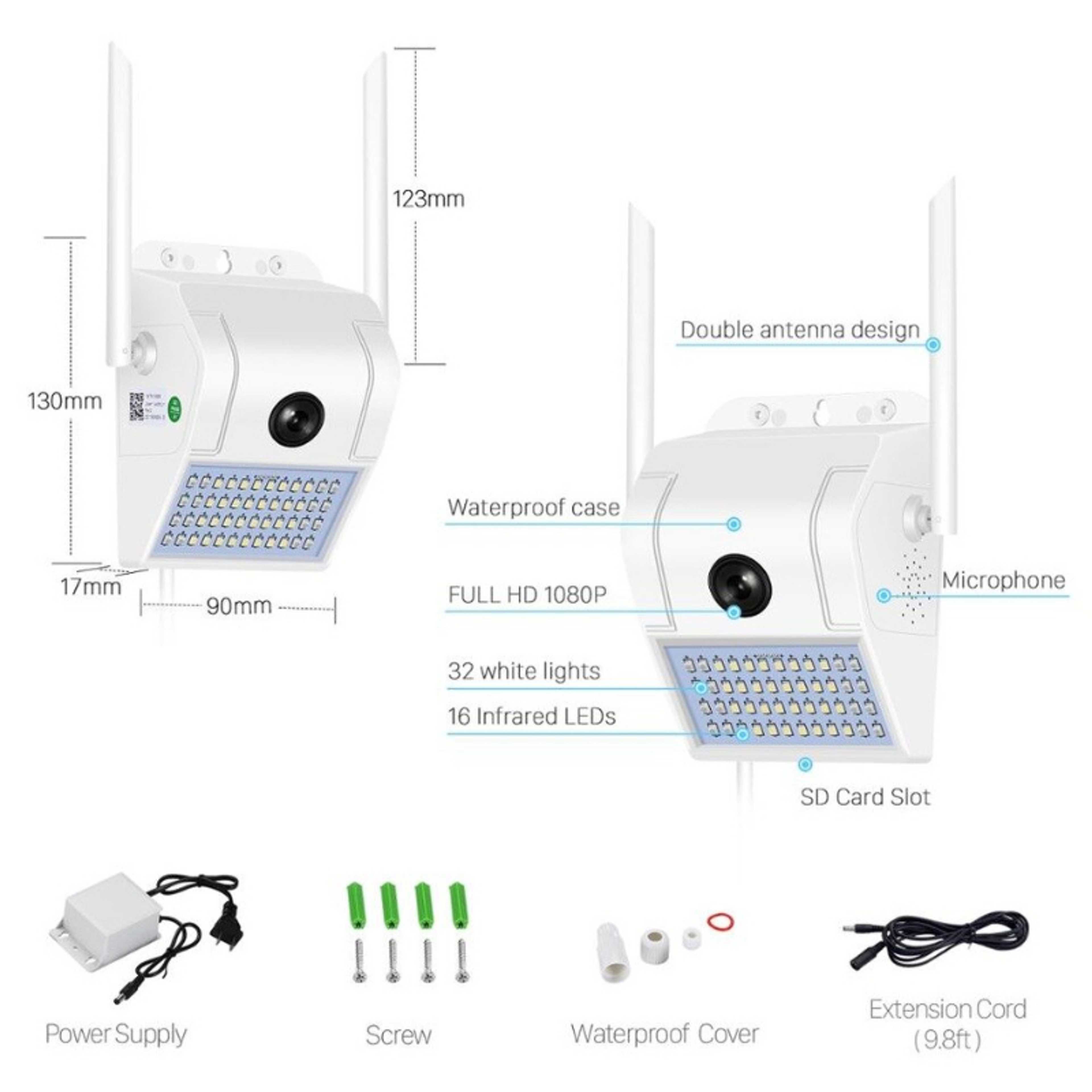 WiFi Wall Lamp Camera, HD 1080P Outdoor, Wireless CCTV Security Surveillance Camera - Waterproof - Night Vision - LED Lights - Two Way Audio - Motion Detection - SD Card Slot - V380 (White)