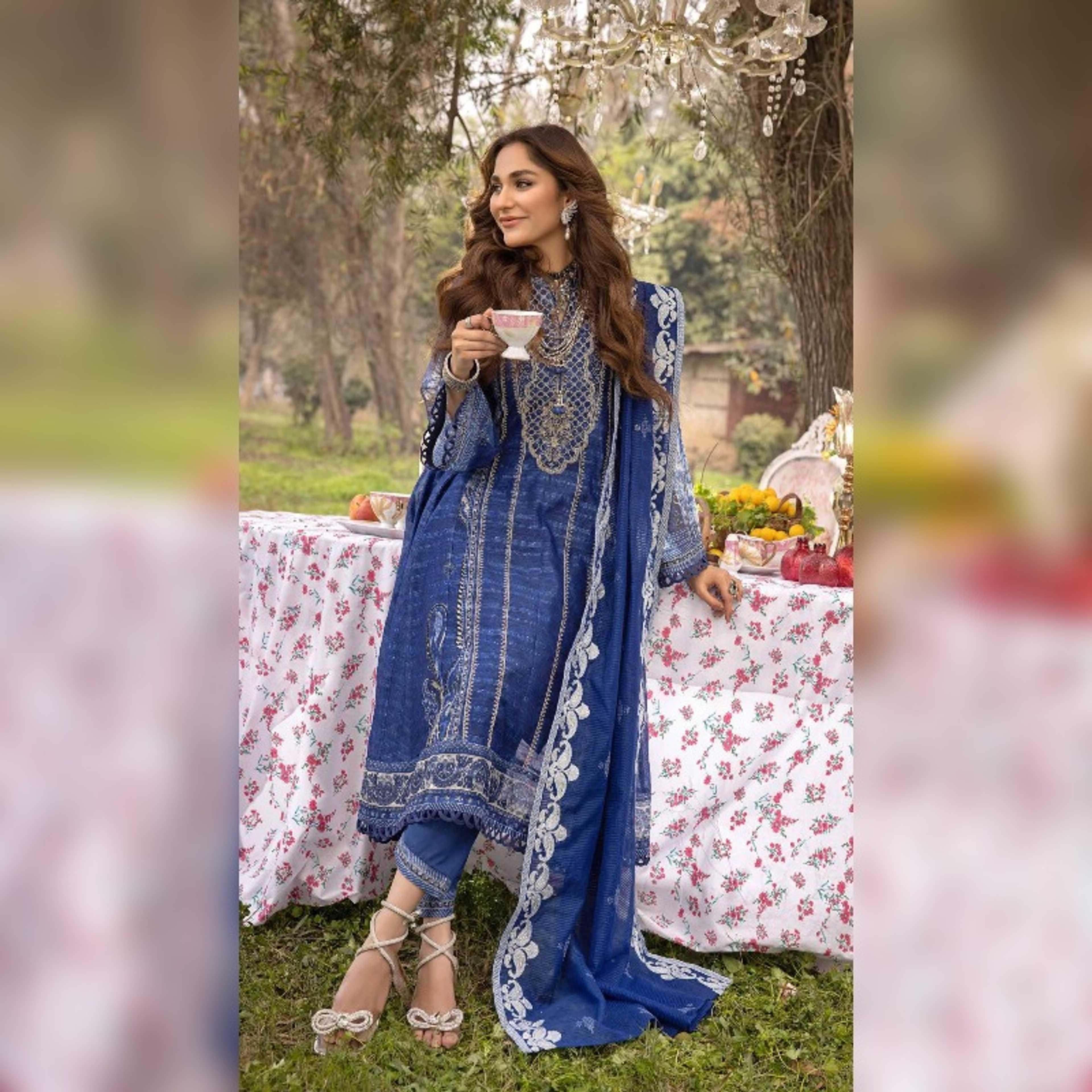 Gul Ahmed 3Pcs Embroidered Stripe Dupatta Embroidered Printed Paper Cotton Front with Printed Paper Cotton Back & Sleeves Dyed Inner
& Trouser (FE32024)