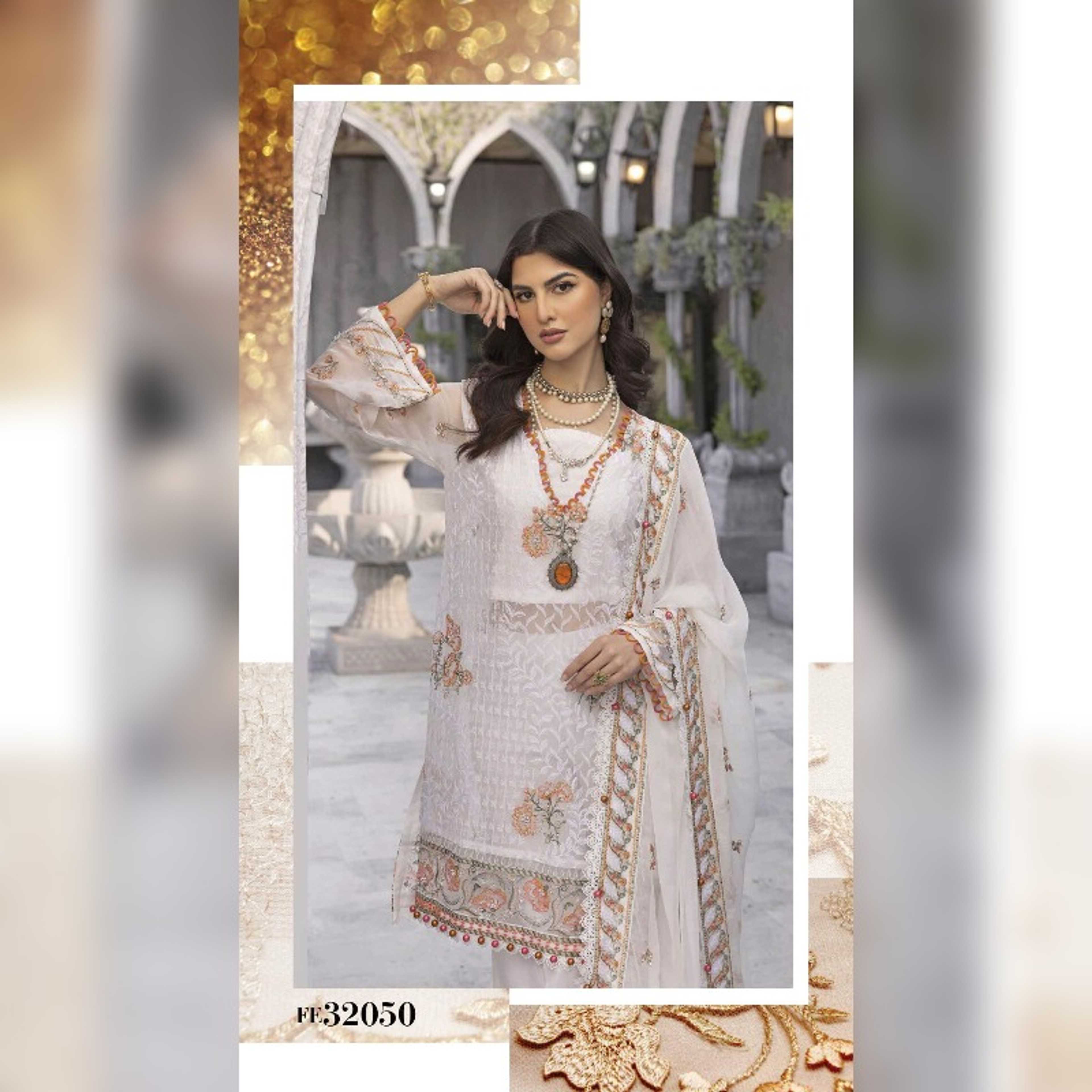 Gul Ahmed 3Pcs Sequins Embroidered Chiffon Dupatta with Handwork Sequins Embroidered Chiffon Shirt with Sequins Embroidered Borders
for Shirt Front & Back on Organza with Handwork on Shirt Front, Sleeves and Borders Dyed Inner & Trouser (FE32050)