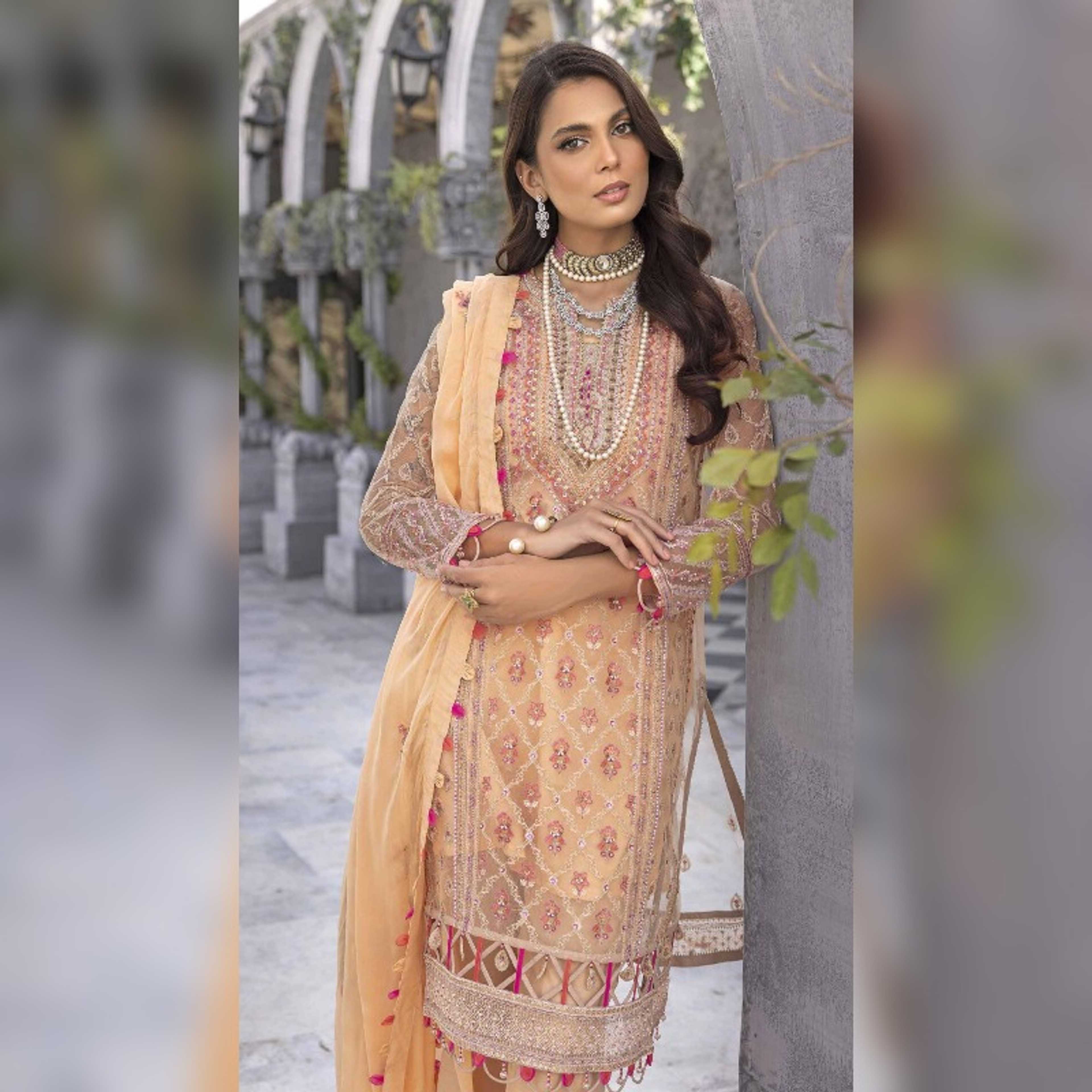 Gul Ahmed 3Pcs Sequins Embroidered Chiffon Dupatta with Handwork Sequins Embroidered Net Shirt with Handwork on Shirt Front & Sleeves
Sequins Embroidered Borders for Shirt Front & Back with Handwork Dyed Inner & Trouser (FE32052)