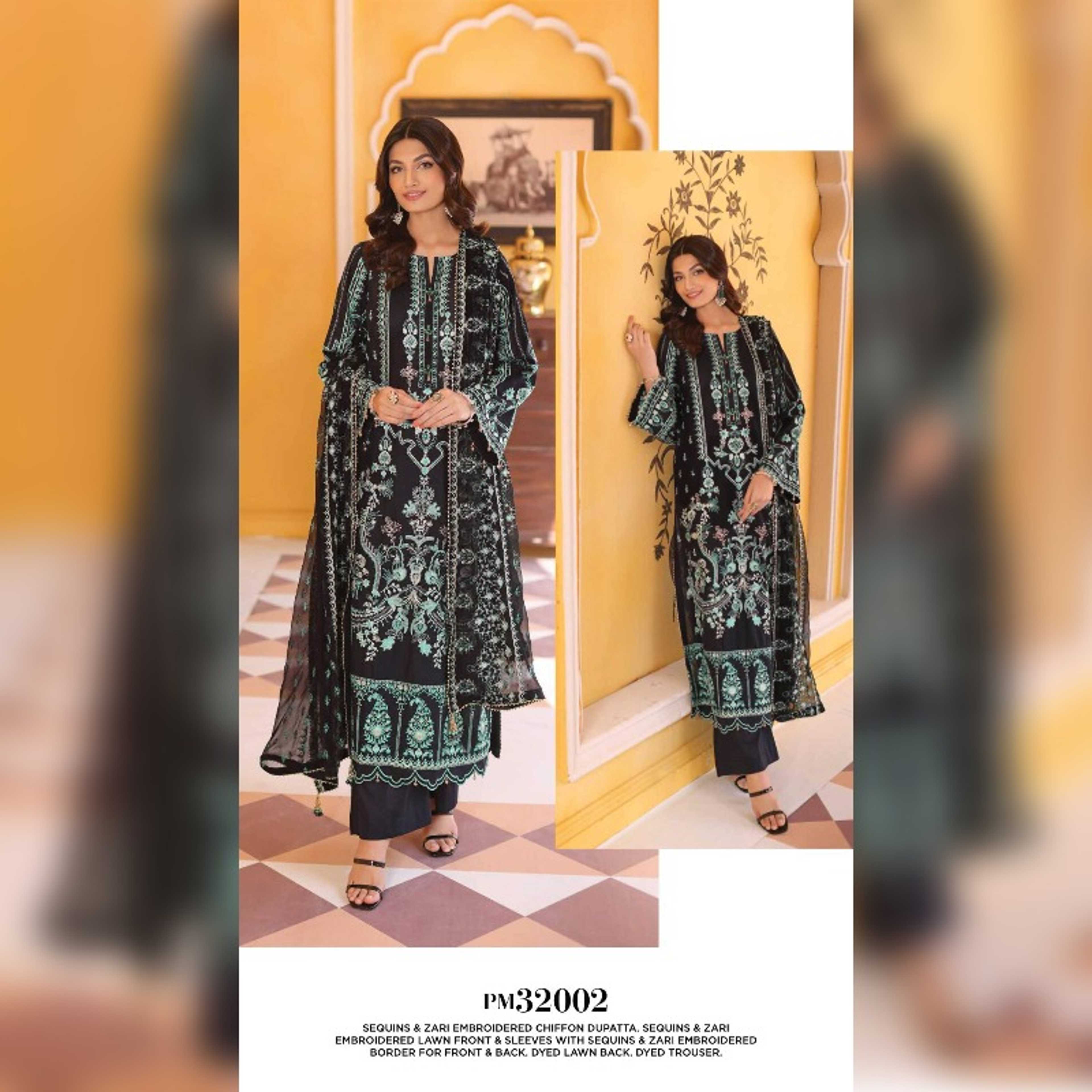Gul Ahmed 3Pcs Sequins & Zari Embroidered Chiffon Dupatta Sequins & Zari Embroidered Lawn Front & Sleeves with Sequins &
Zari Embroidered Border for Front & Back Dyed Lawn Back Dyed Trouser (PM32002)