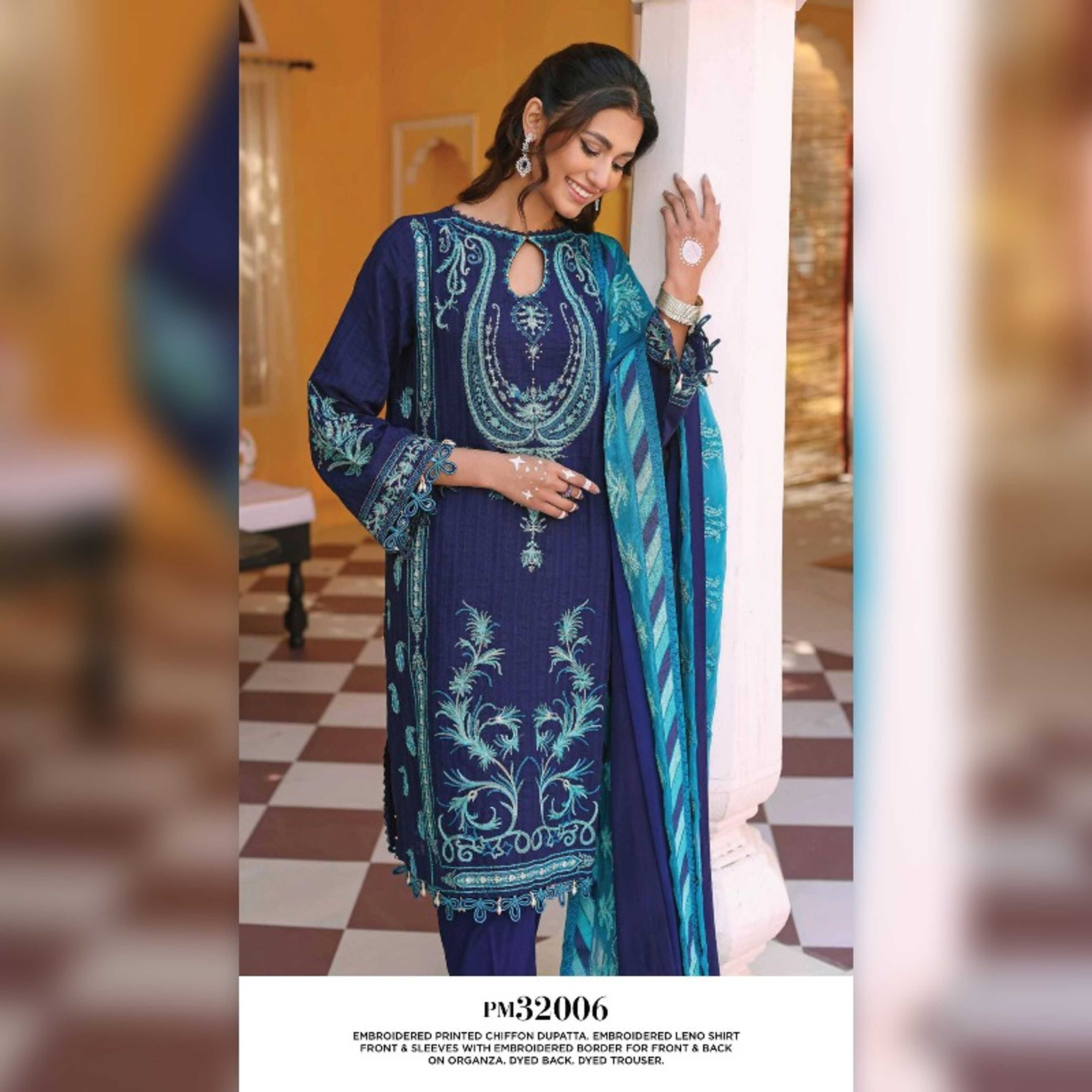 Gul Ahmed 3Pcs Embroidered Printed Chiffon Dupatta Embroidered Leno Shirt Front & Sleeves with Embroidered Border for Front
& Back on Organza Dyed Back Dyed Trouser (PM32006)