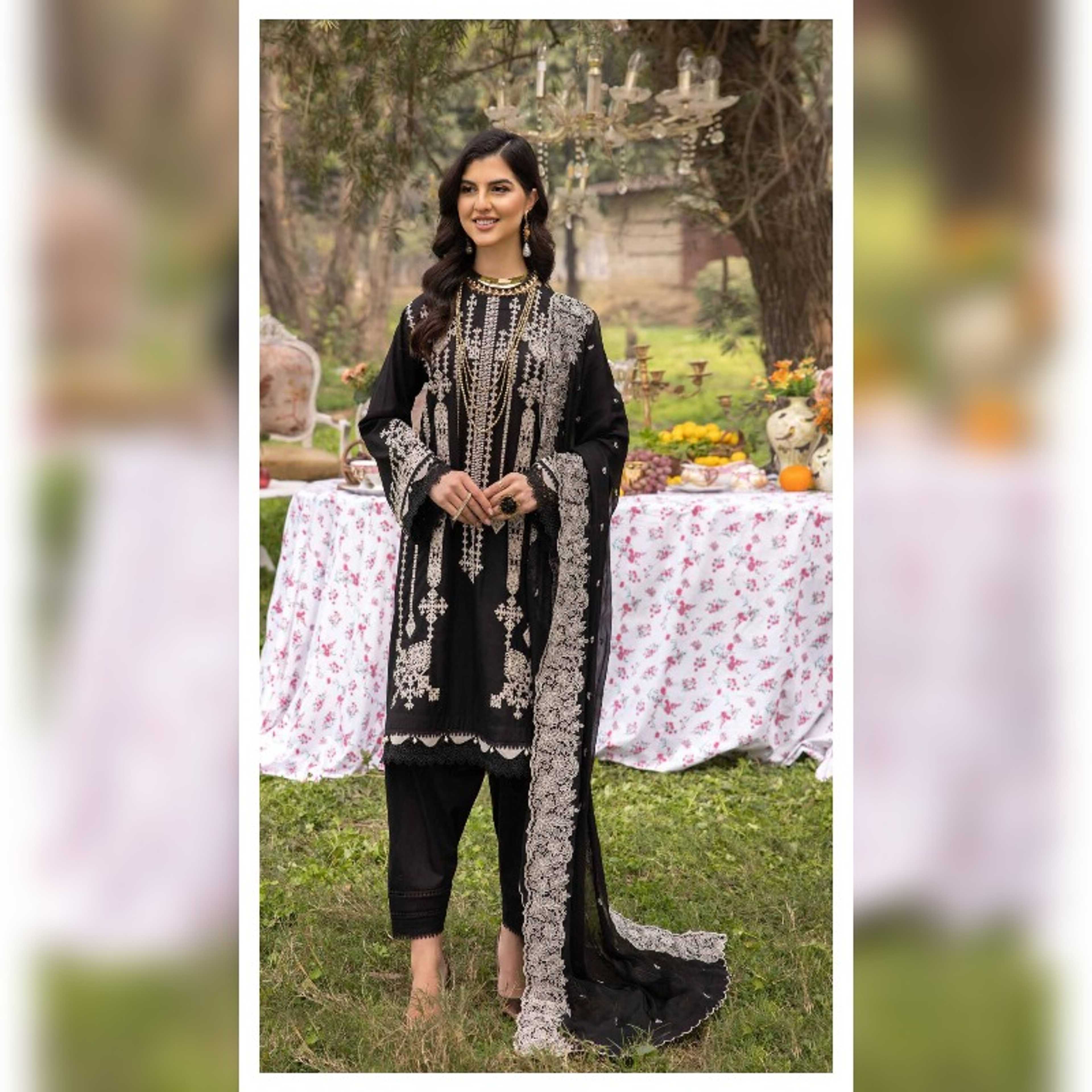 Gul Ahmed 3Pcs Embroidered Chiffon Dupatta Embroidered Lawn Shirt Front & Sleeves with Dyed Lawn Back Dyed Trouser (PM32008)