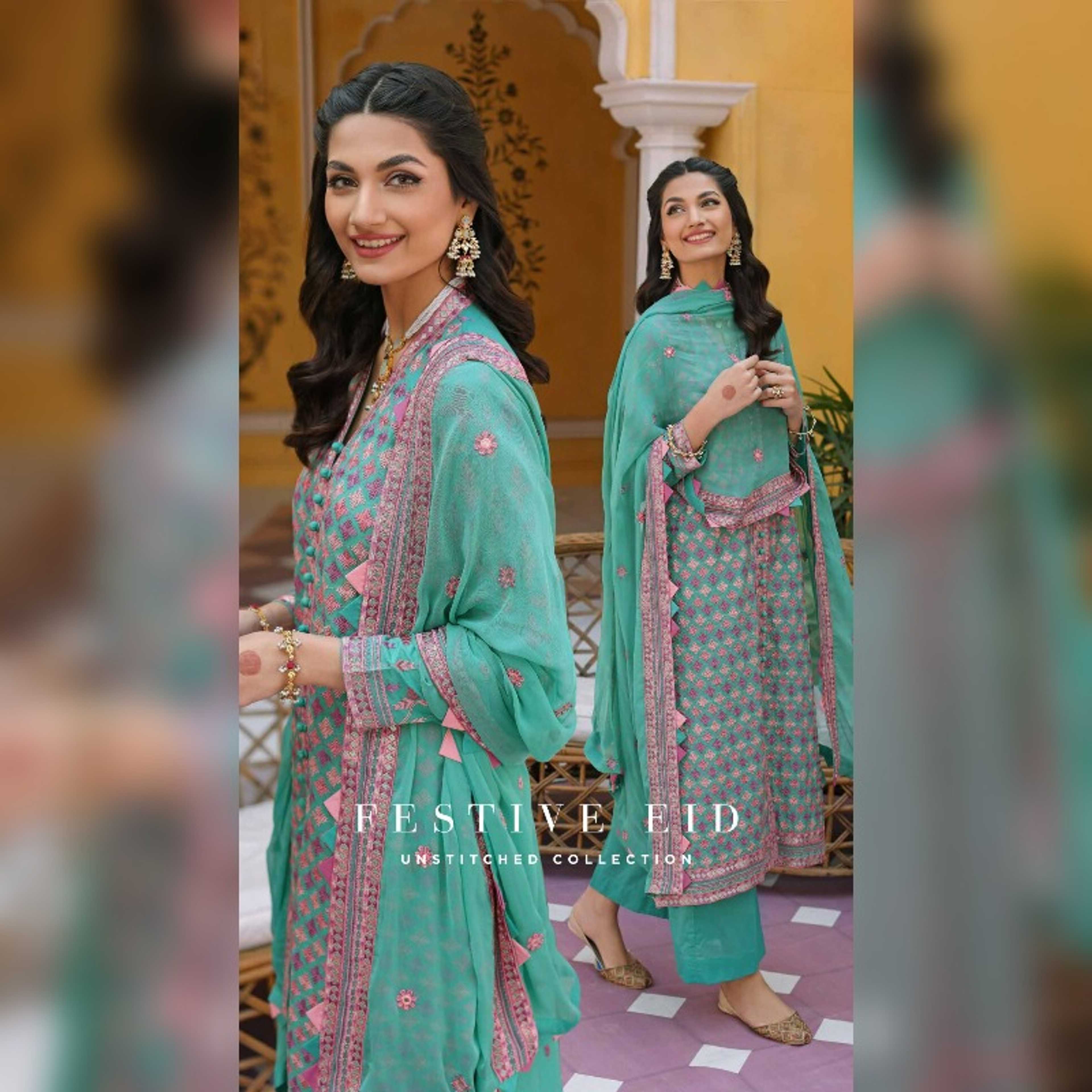 Gul Ahmed 3Pcs Embroidered Chiffon Dupatta Embroidered Lawn Shirt with Embroidered Borders Dyed Trouser (PM32056)