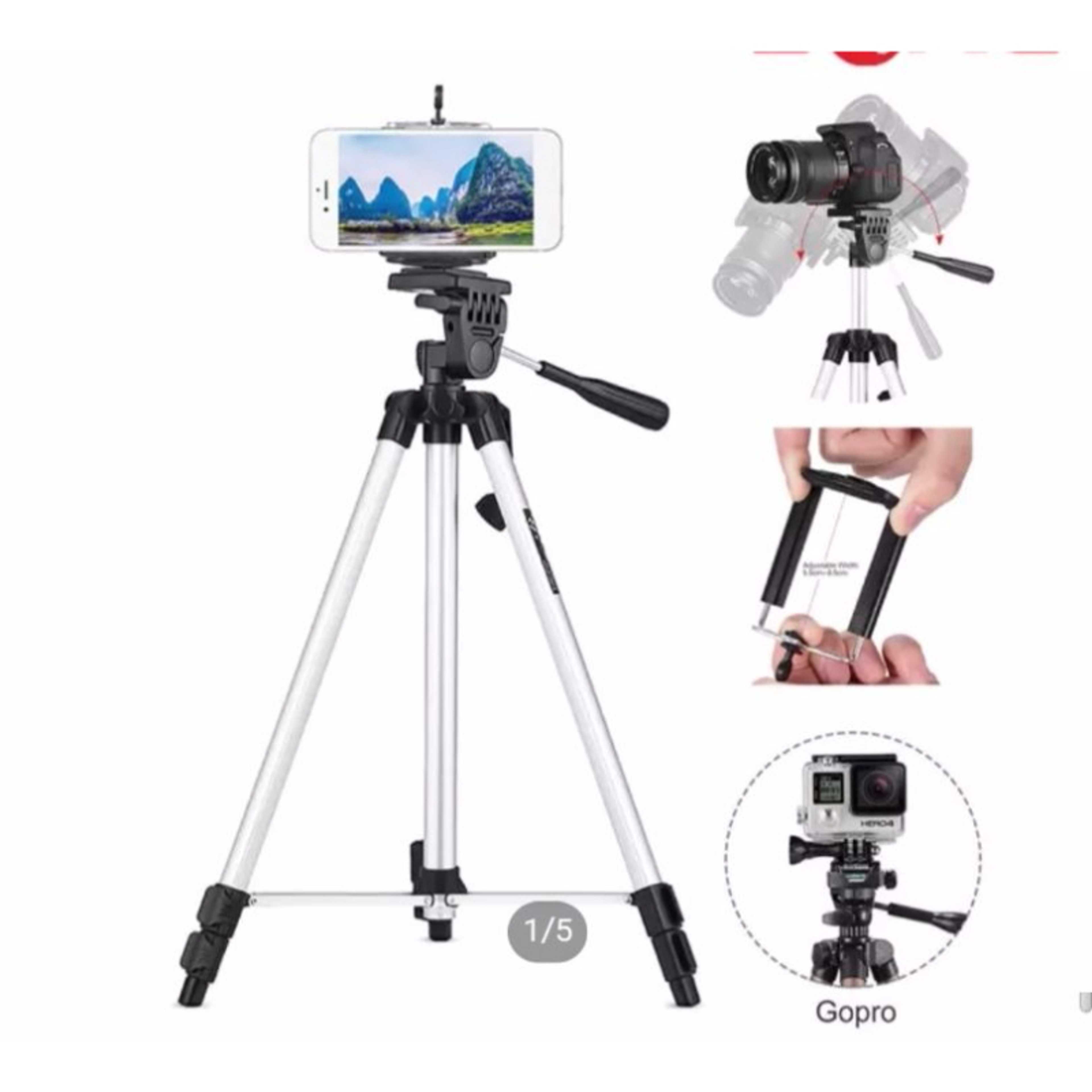 Aluminium Tripod Stand Adjustable Portable 4.5 Feet With Carry Case and Mobile Phone Holder - Silver - Product Main Image