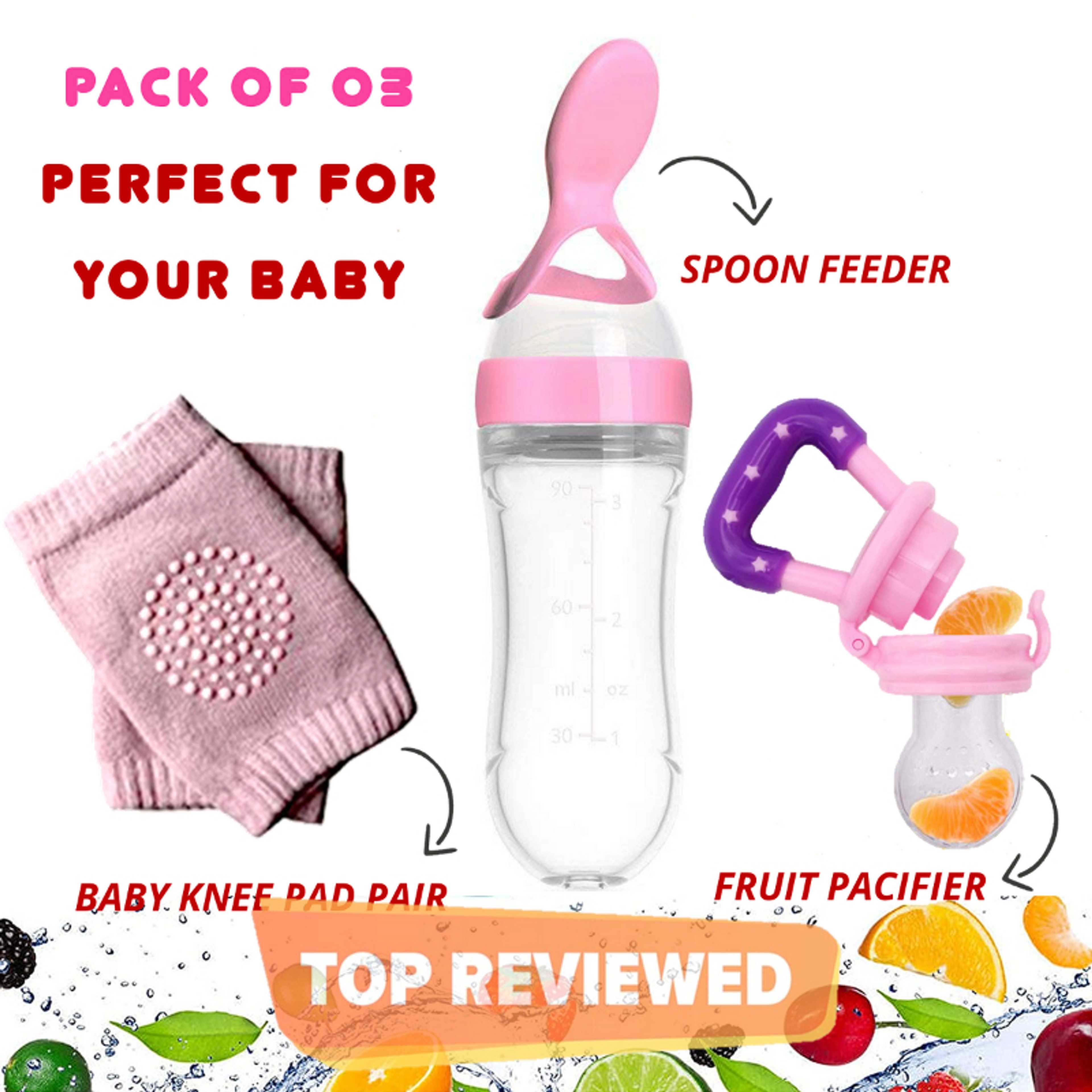 HQ Pack Of 3 - Baby Silicone Squeeze Spoon Feeder +Baby Fruit Pacifier +Baby Kneepad For Crawling Baby Feeders - Product Main Image