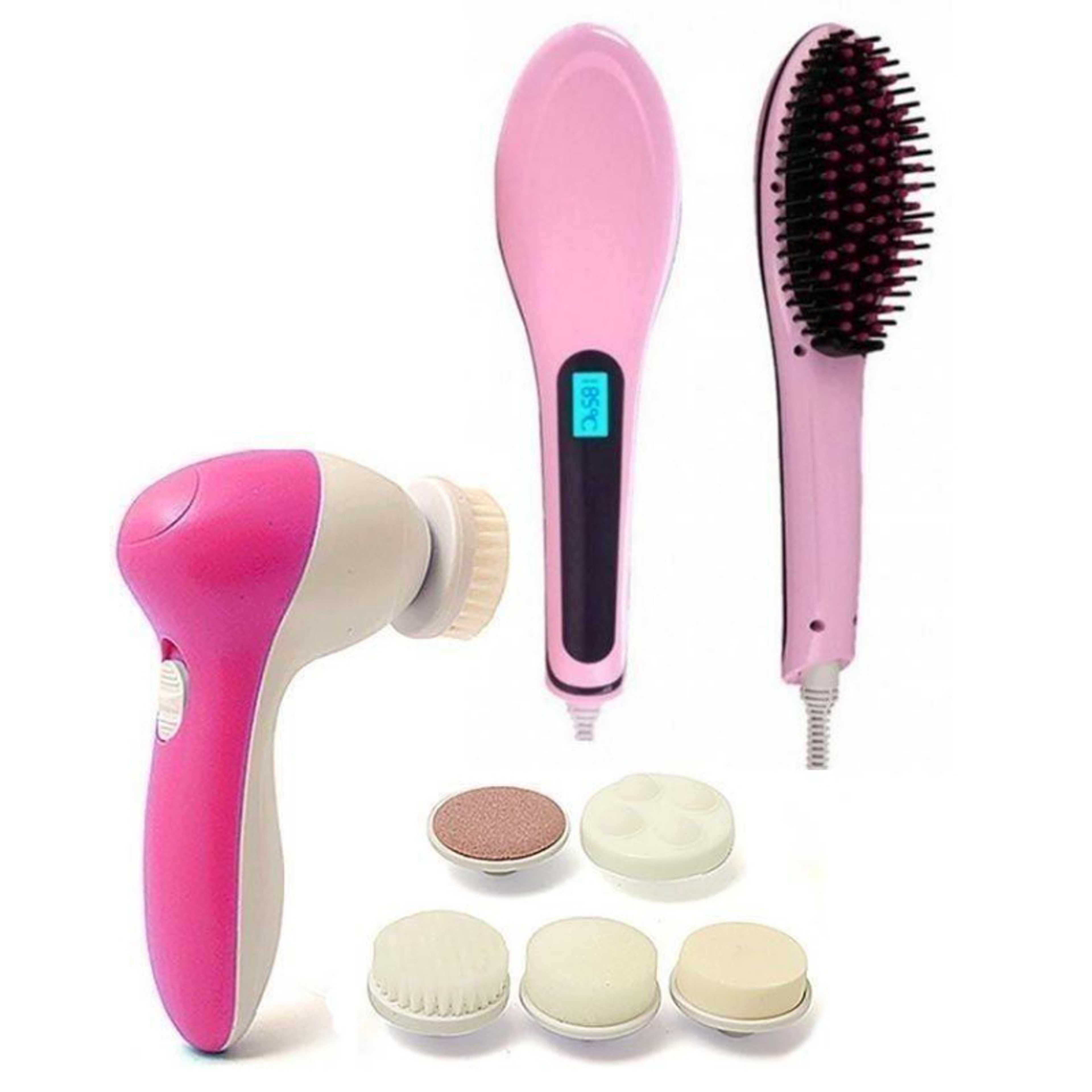 Pack of 2 - High Quality Hair Straightener Brush & Face Massager - Pink & White