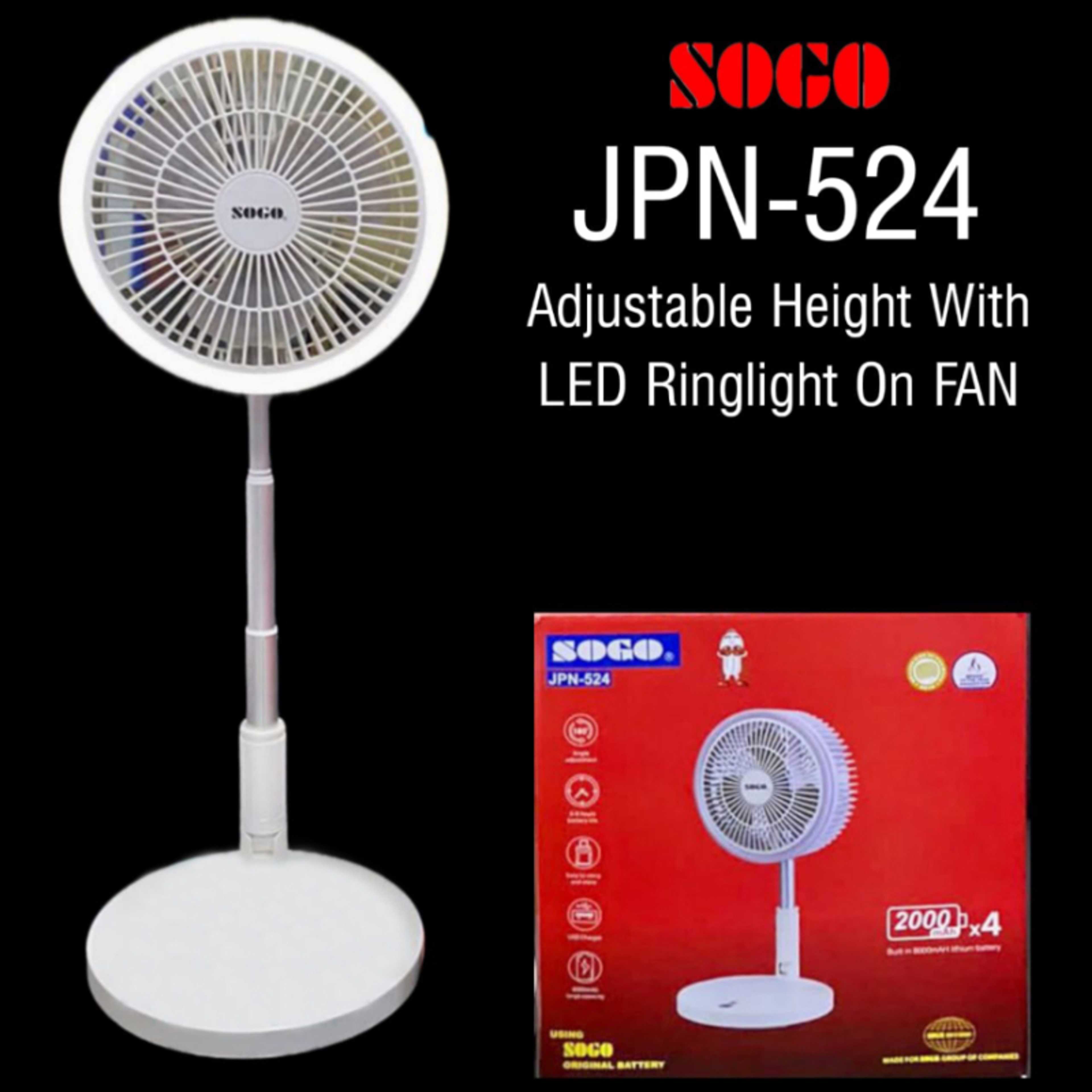 SOGO Rechargeable FAN With LED Ring Light On Front - Desk/Table USB Portable Fan - JPN-524