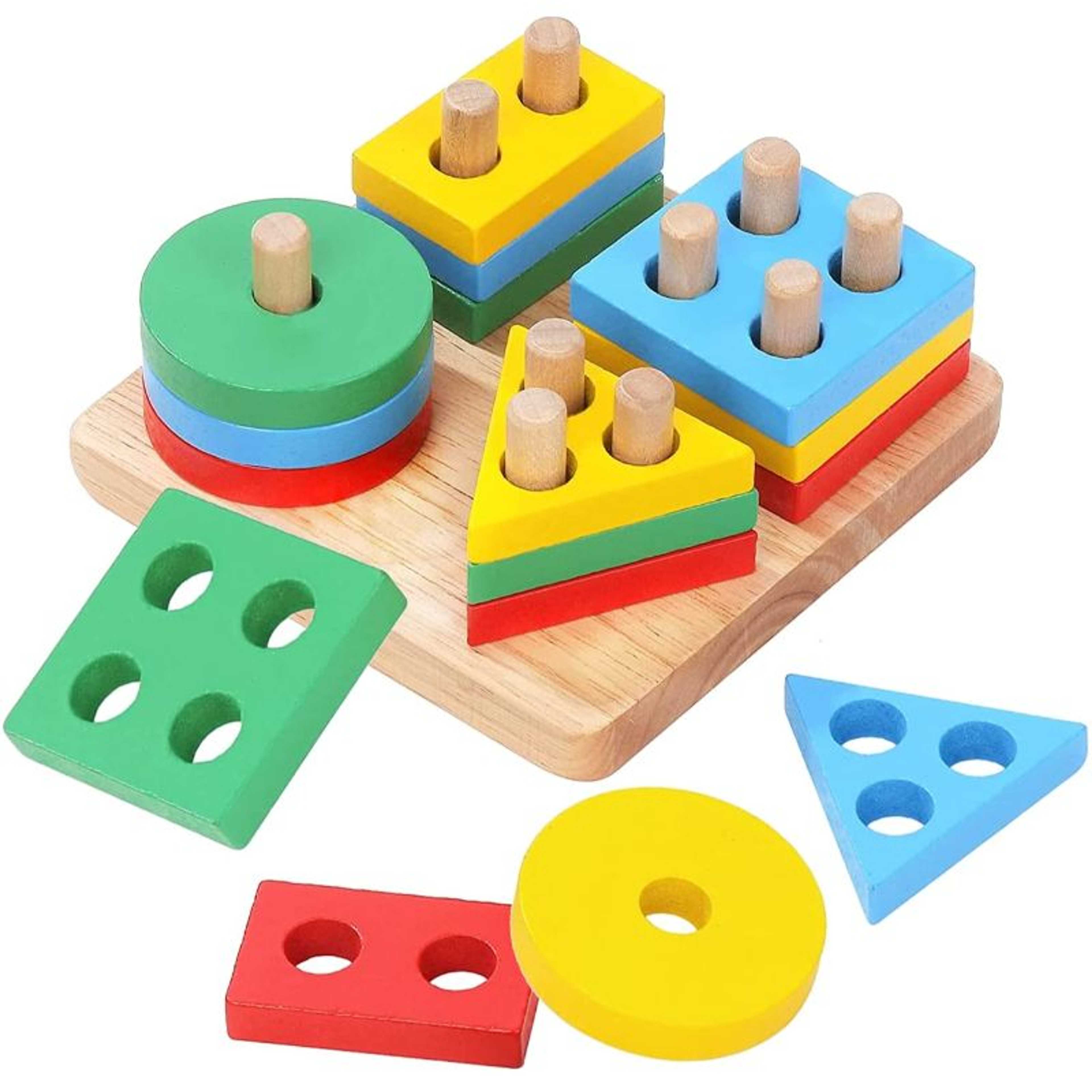 Wooden Geometric Shape Matching 4 Column Blocks Pole For Kids Early Educational Toys, Colorful Shape Sorter Wooden Toy