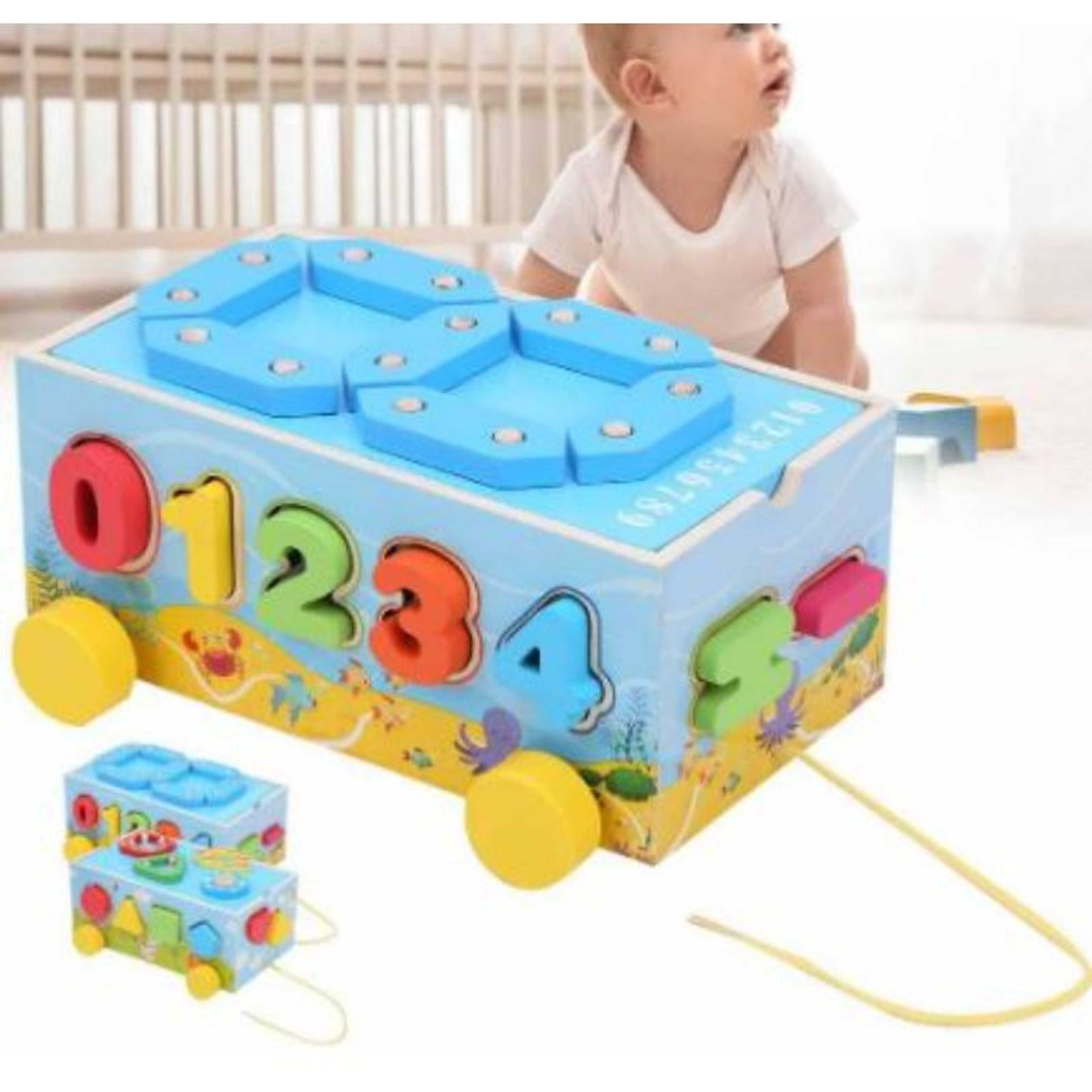 Colorful Digital Wooden Box Number Sorting Box Pulling Car Toy, Digital Wooden Box Pulling Toy Car, Digital Building Blocks Car