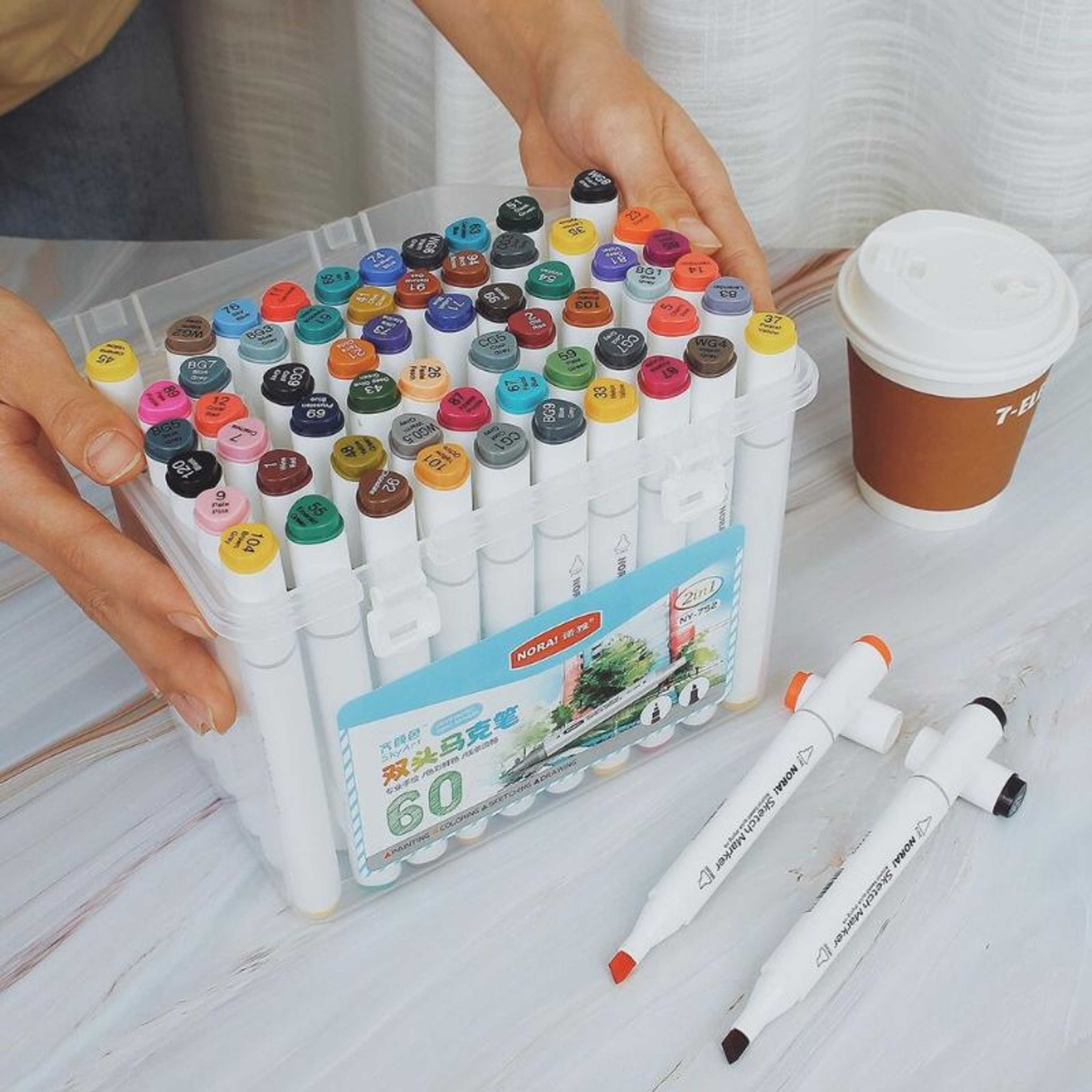 High Quality Dual Heads 1mm/6mm Broad Fine Point Alcohol Based Marker Pens with PP Storage Box, Double-Headed Twin Tip (Broad Tip & Fine Tip) Markers Pack For Kids Arts & Crafts, Double Sided Markers, Dual Tip Markers