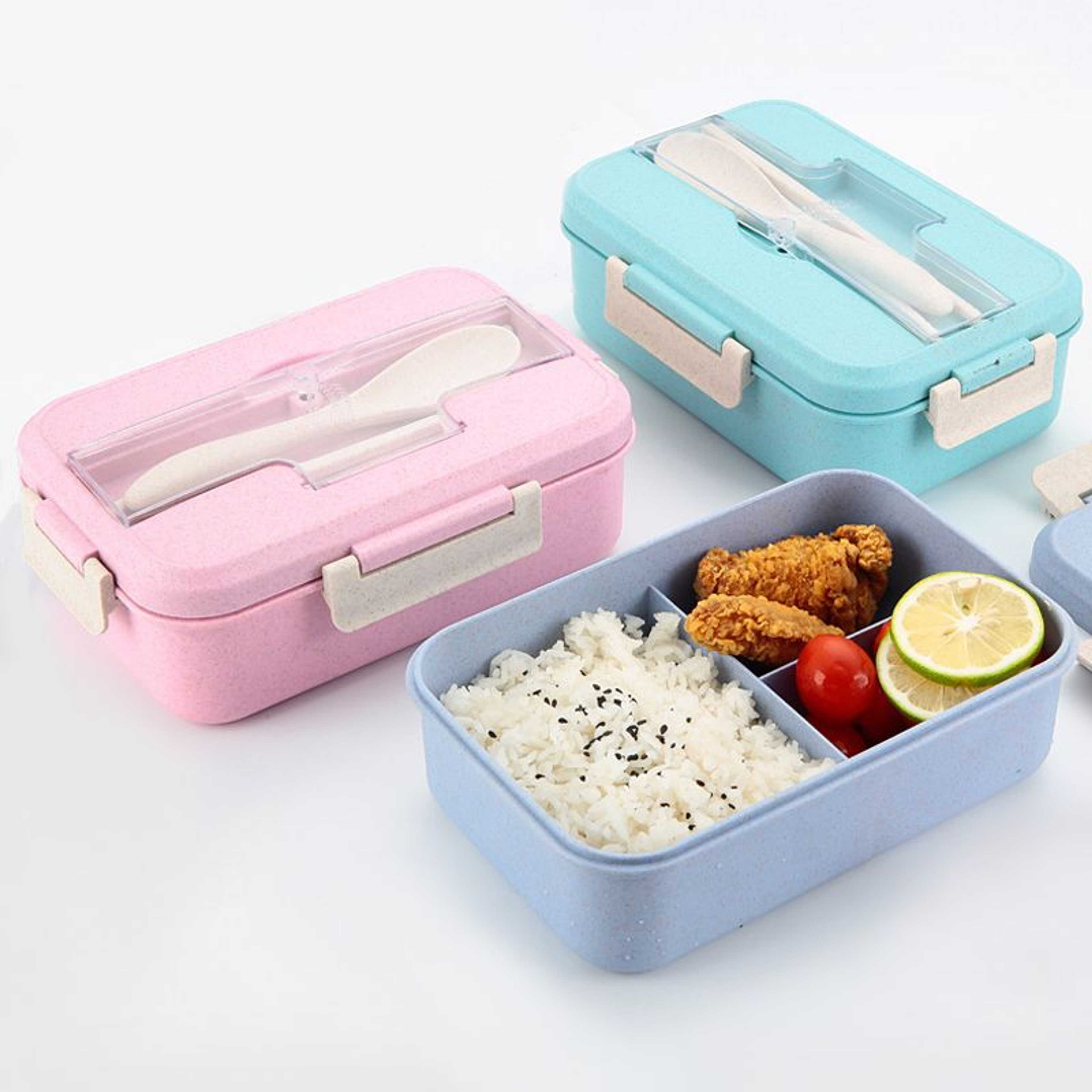 Random Color - Reusable 3-Compartment Lunch Box with Plastic Chopsticks and Spoon, Kids Lunch Box with Lid, Kids Bento Box, 3-Compartment Divided Food Storage Container Tiffin Box