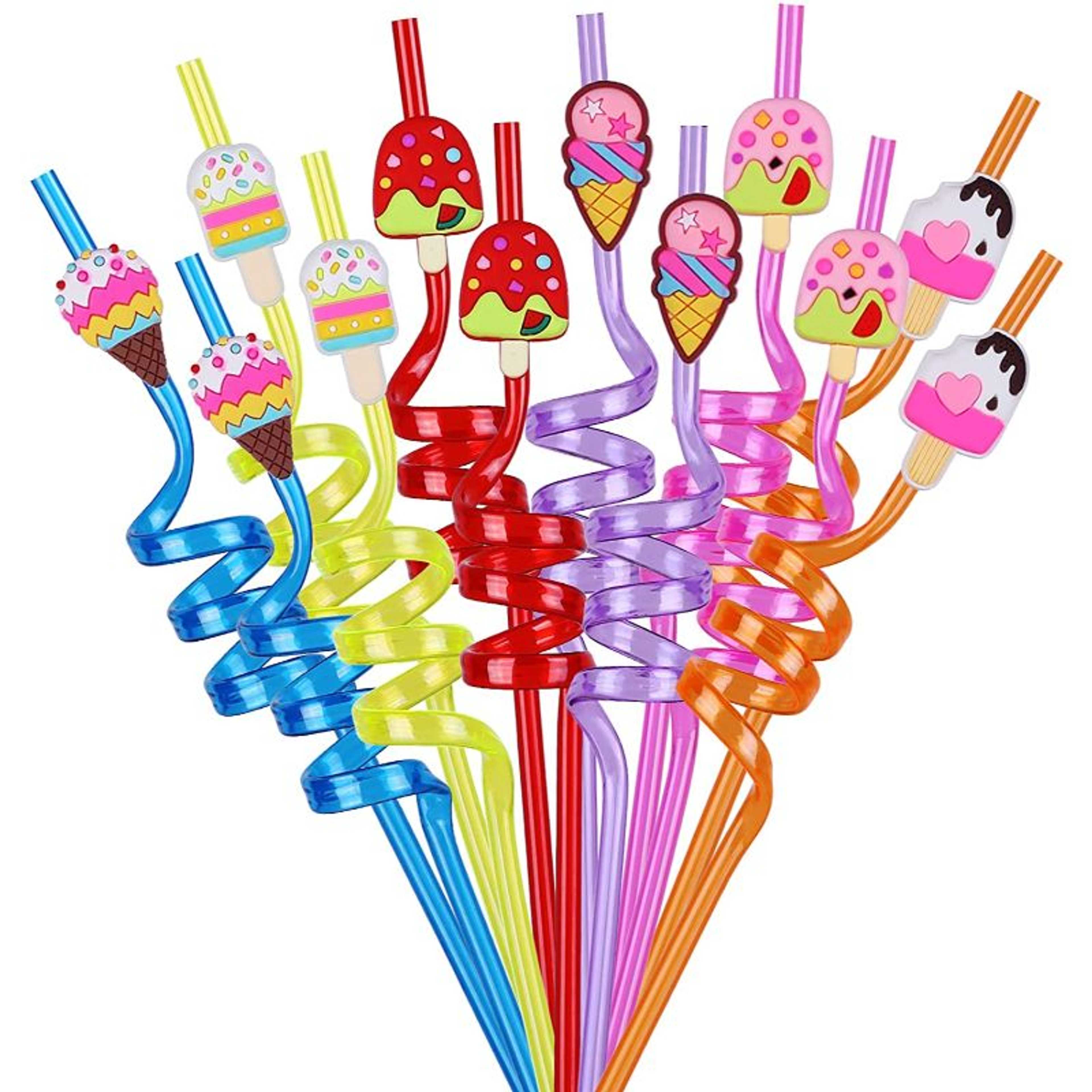 Pack of 4 - Reusable Random Color & Designs Logo Funny Spiral Drinking Straws, Reusable Plastic Ice Cream Drinking Straws for Birthday Party - Product Main Image