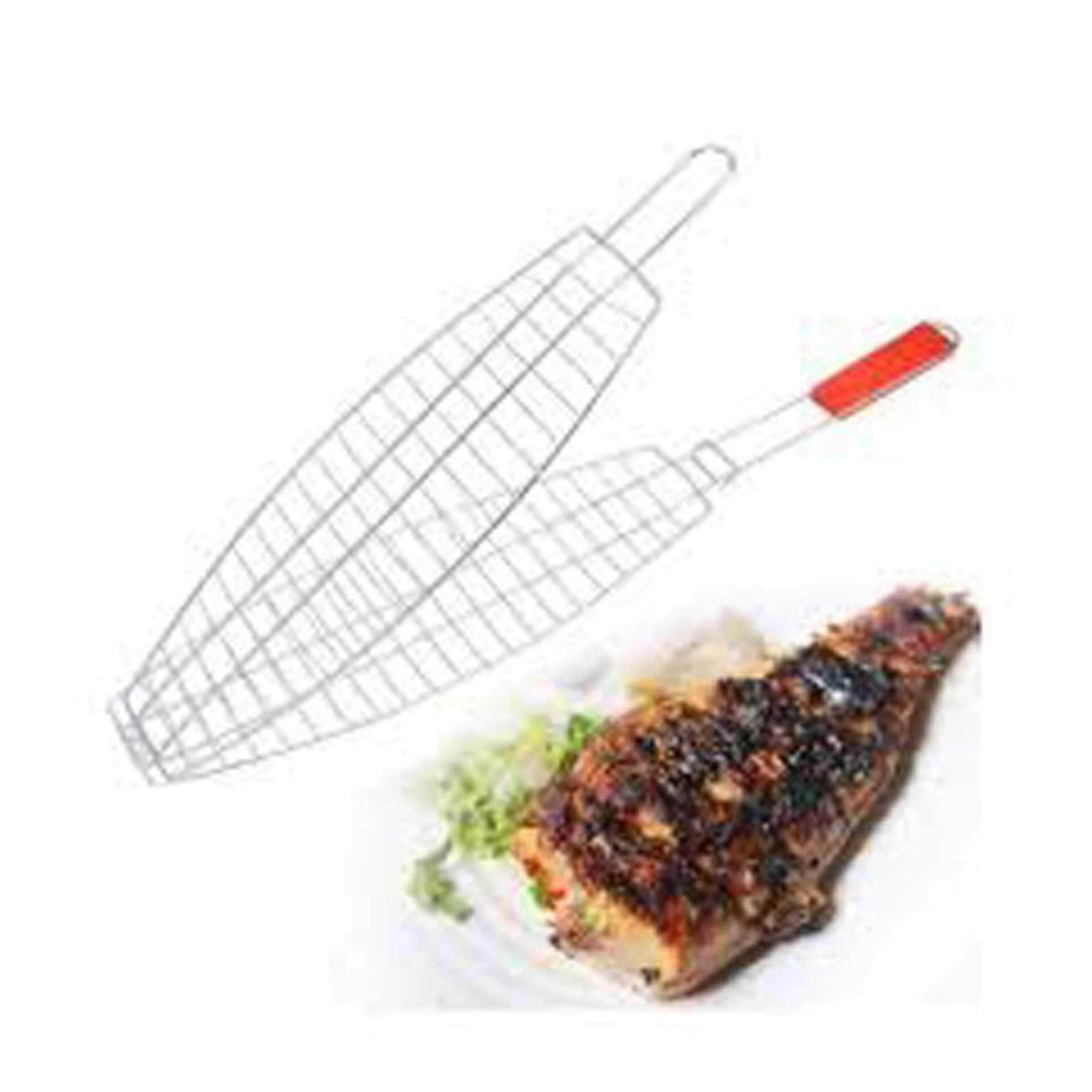 Stainless Steel Fish Grill Basket, Long Wooden Handle, BBQ Smoking Charcoal Grilling Roast Baskets