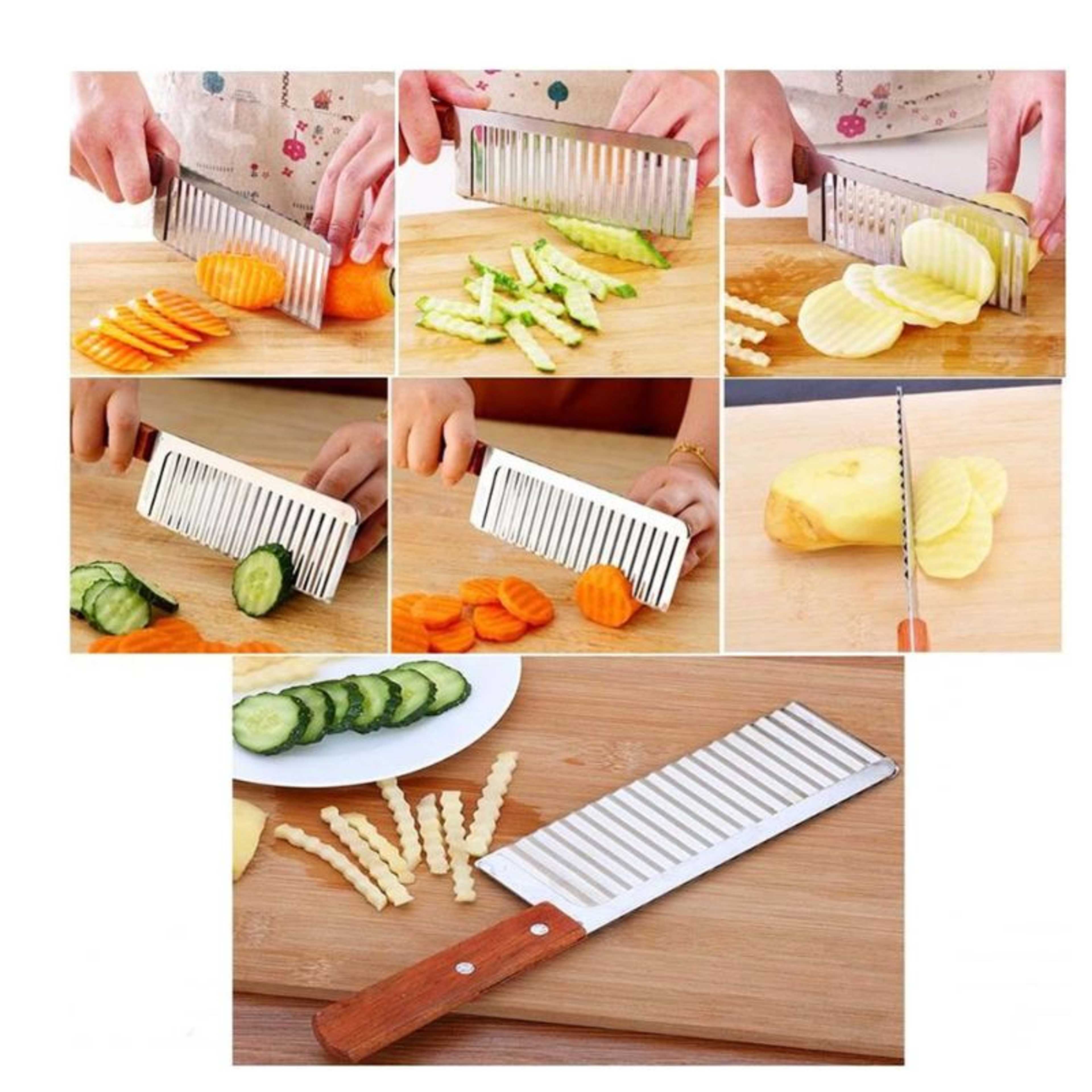 Crinkle Cut Potato/Chip/Fruit/Vegetable Wavy Blade Cutting Knife with Wooden Handle/French Fry Potato Cutter