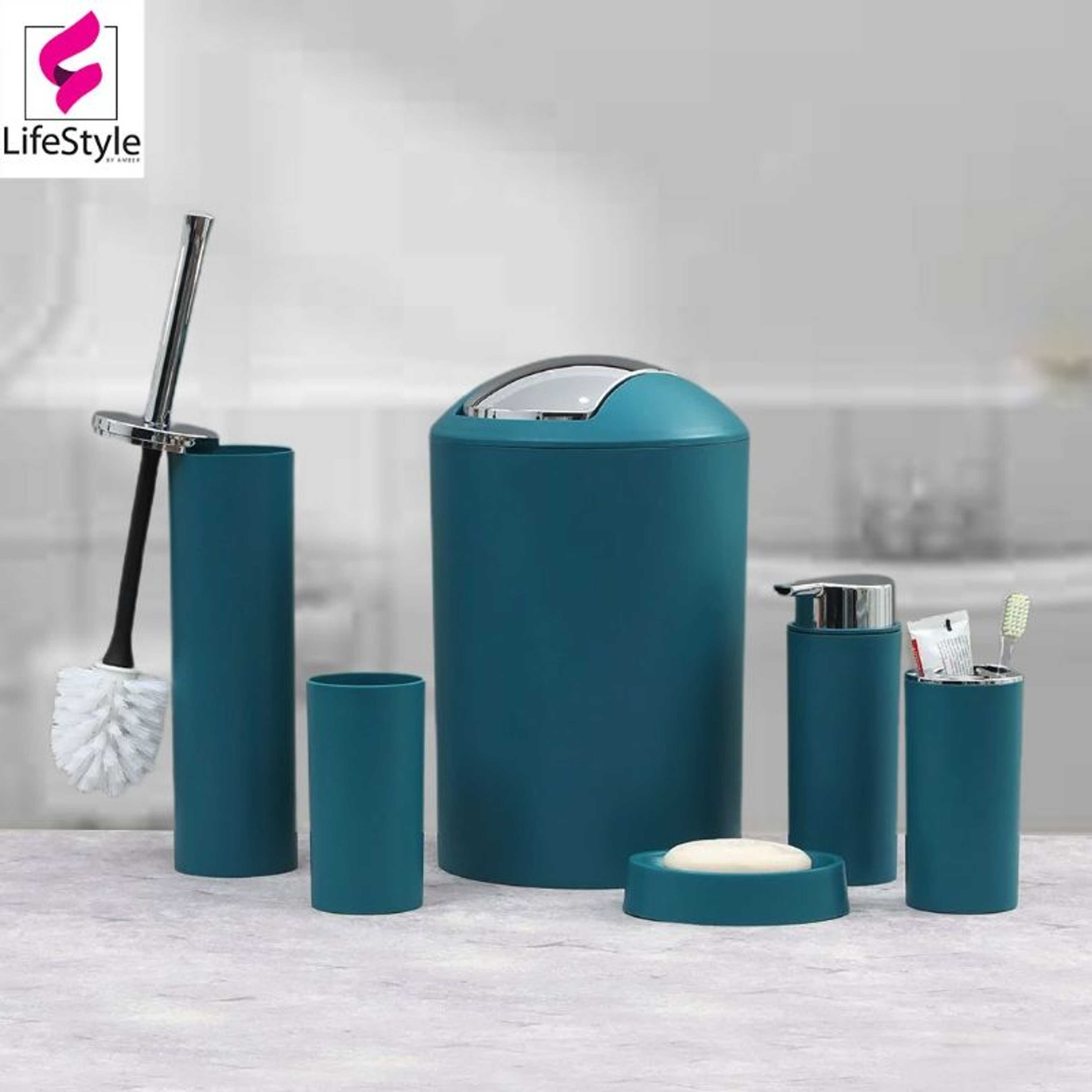 7-PCS BLOOMING TEAL PREMIUM PLASTIC BATH SET WITH BIN N BRUSH
