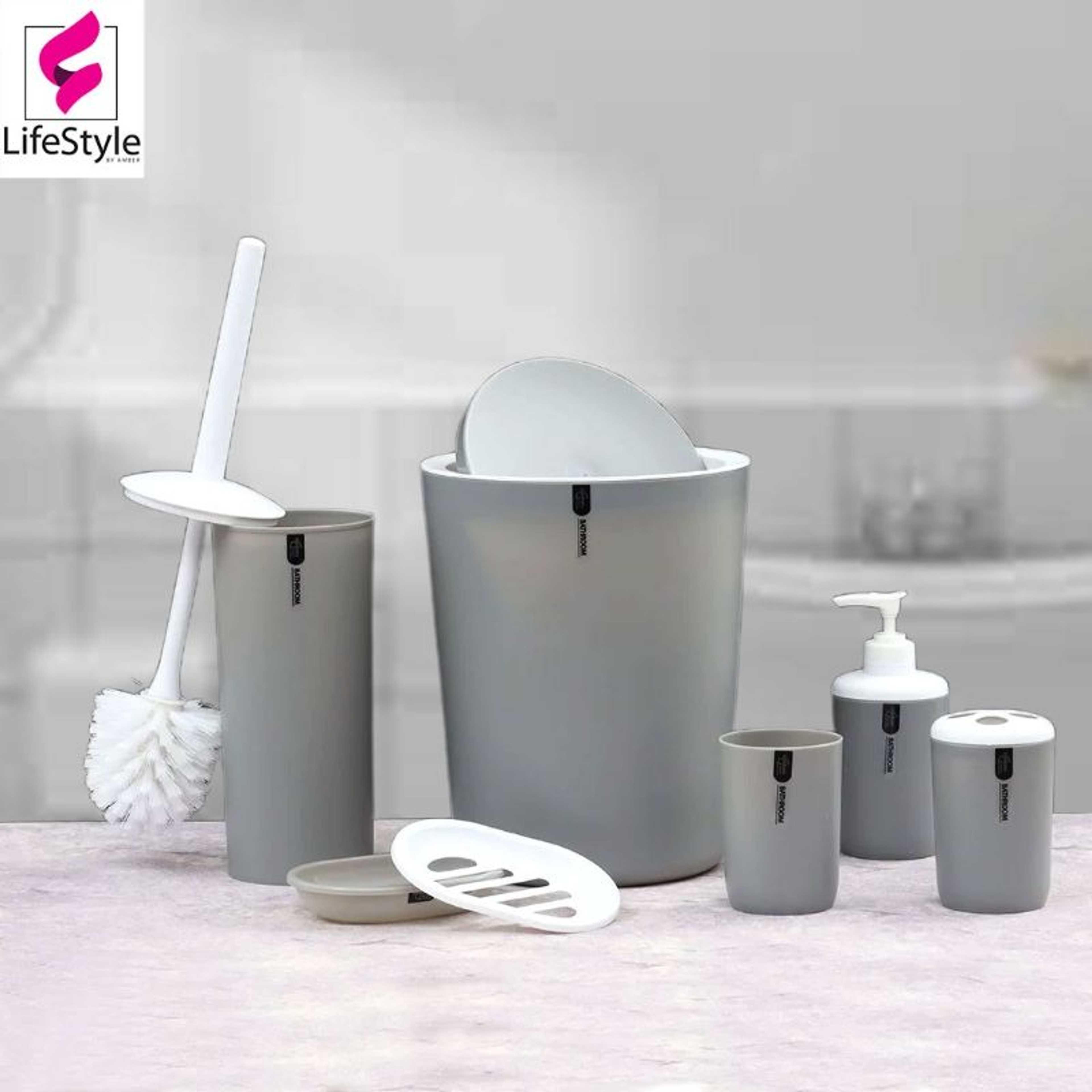 7-PCS CORAL GREY PREMIUM PLASTIC BATH SET WITH BIN N BRUSH
