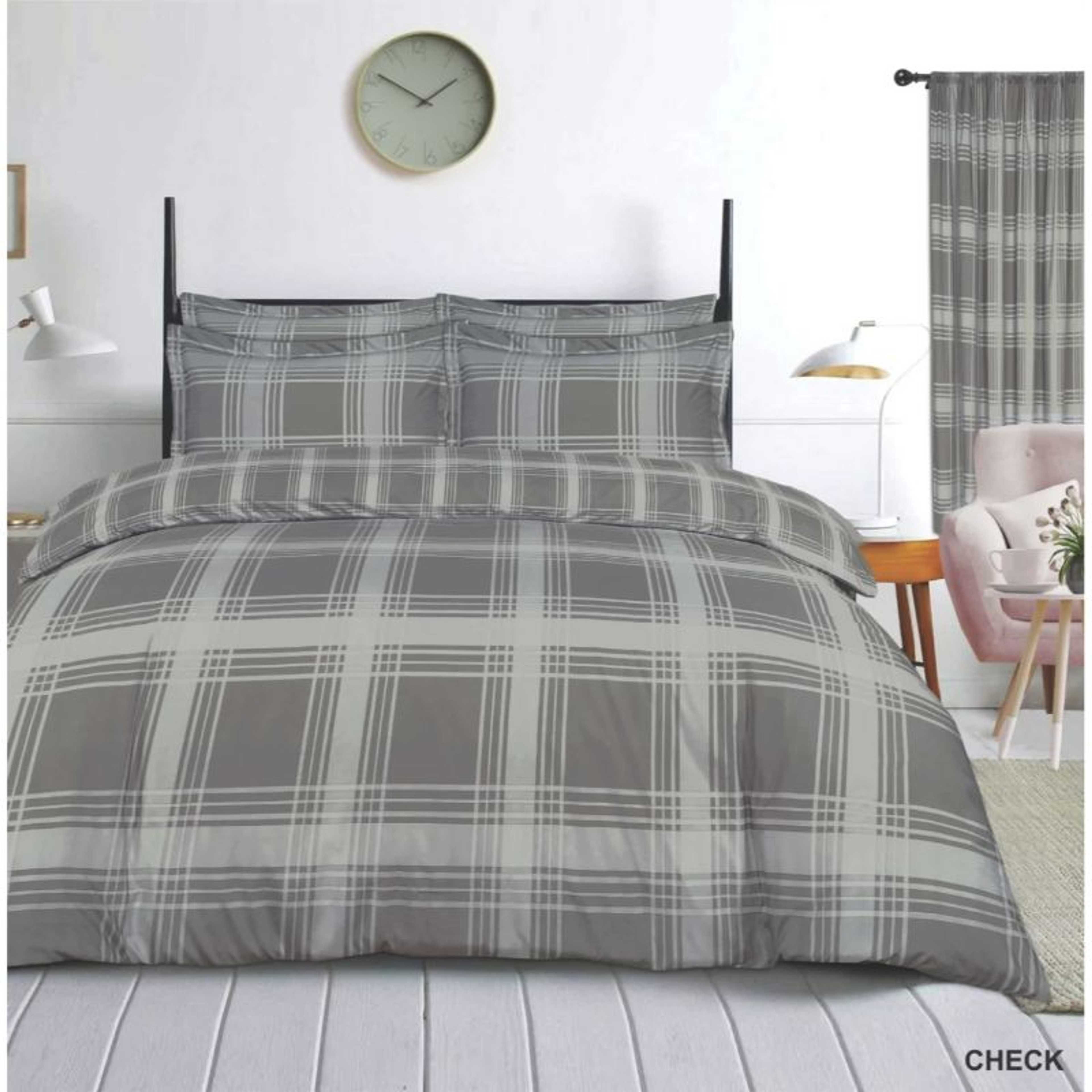GRAY CHECK PATTERN COTTON SATIN BEDSHEET- 3PCS (WITH EXTRA CUSHION COVER)
 - Product Main Image