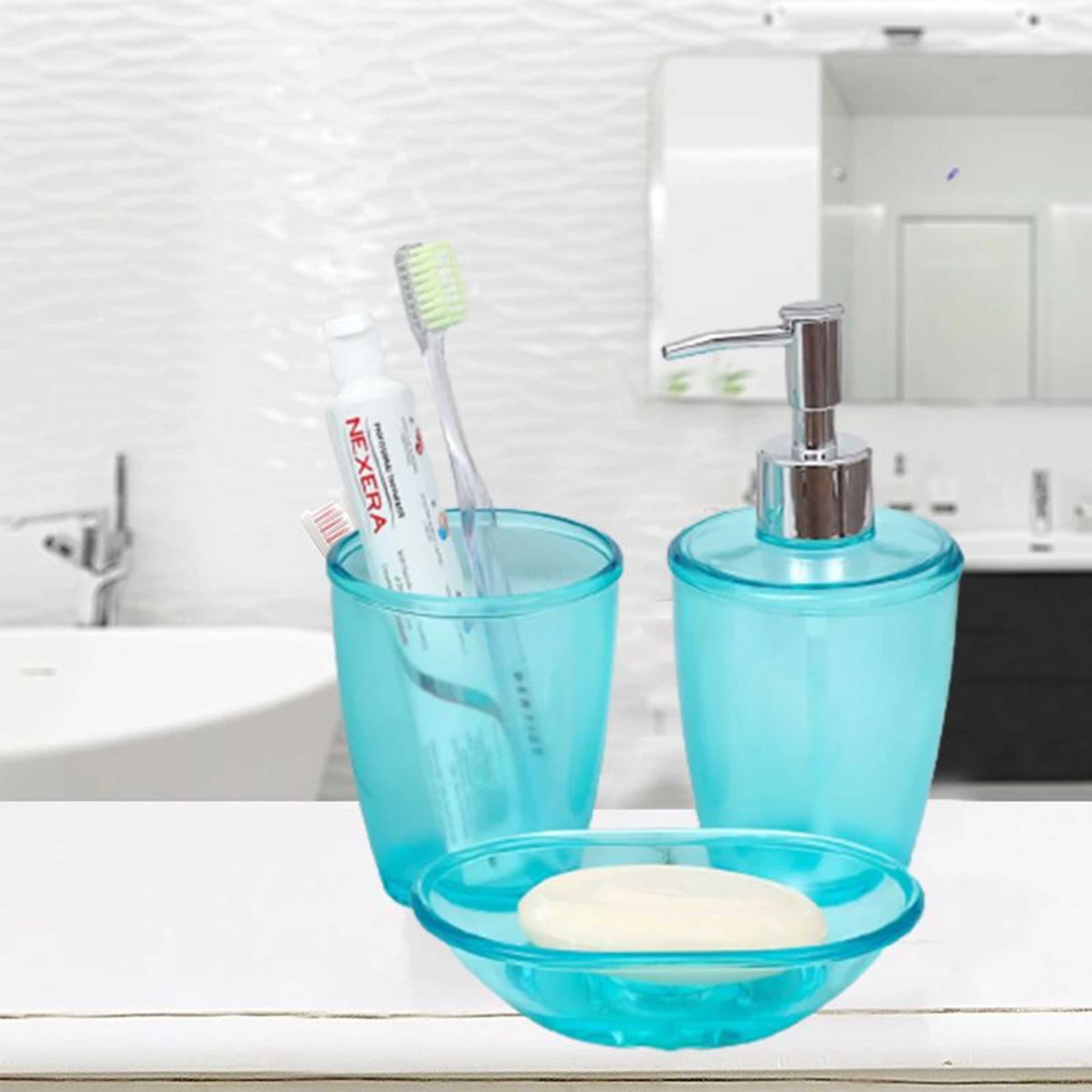 3 PCS-GLOSSY TURQUOISE PLASTICWARE BATH ACCESSORIES SET
