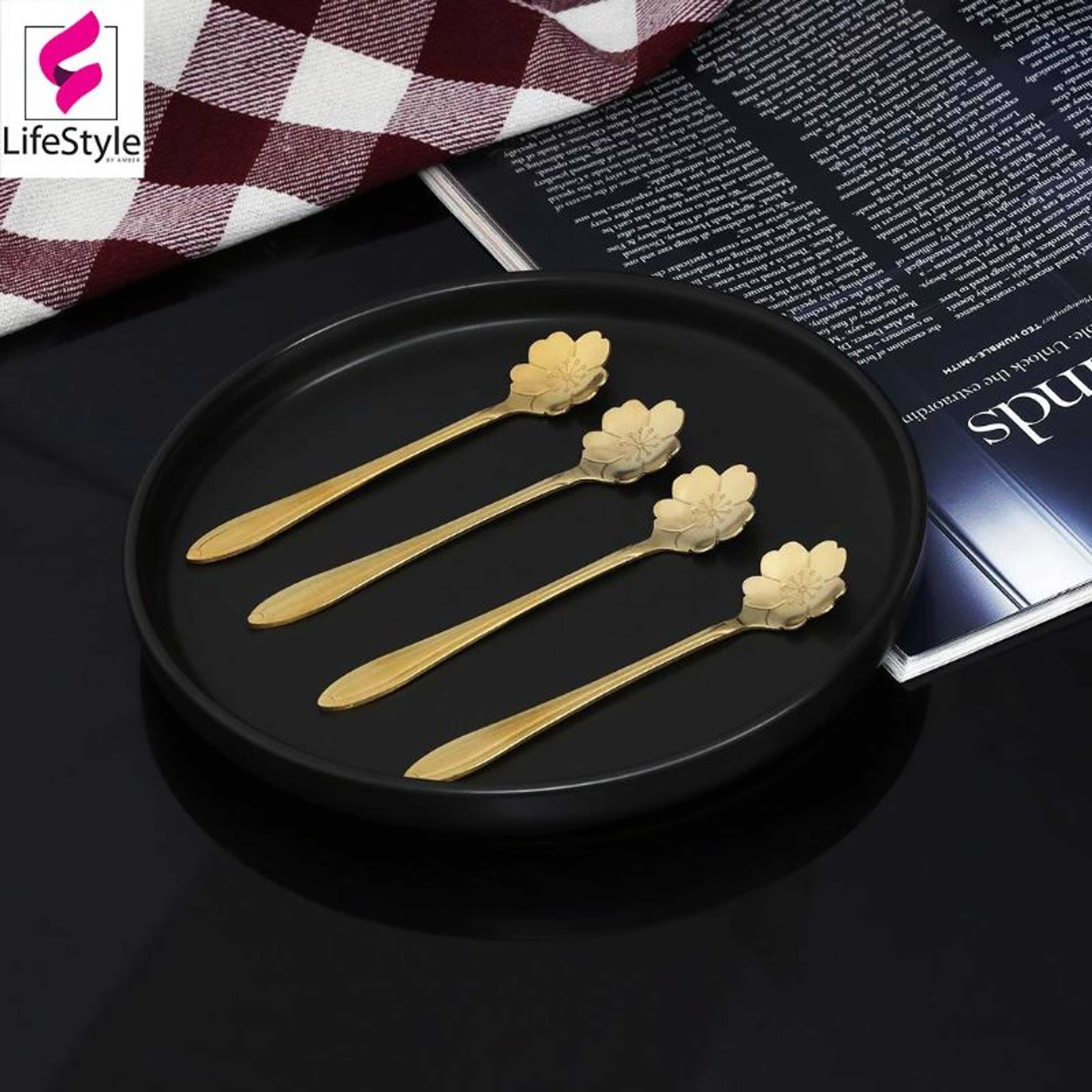 GRANDEUR STAINLESS STEEL GOLD FLOWER TEASPOONS – 4 PCS - Product Main Image