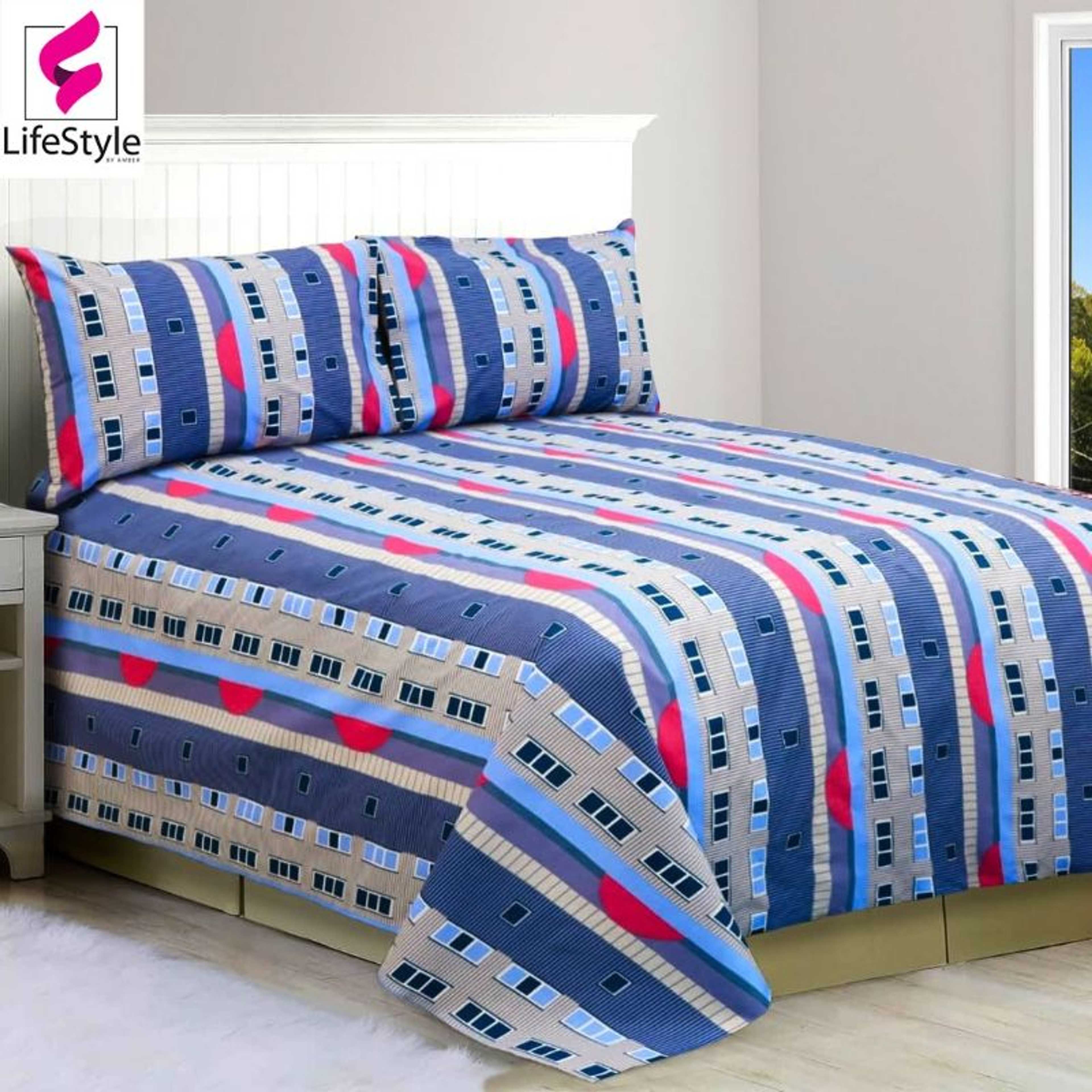 BRICK STYLE PREMIUM QUALITY COTTON BEDSHEET SET 3 PCS-BLUE
 - Product Main Image